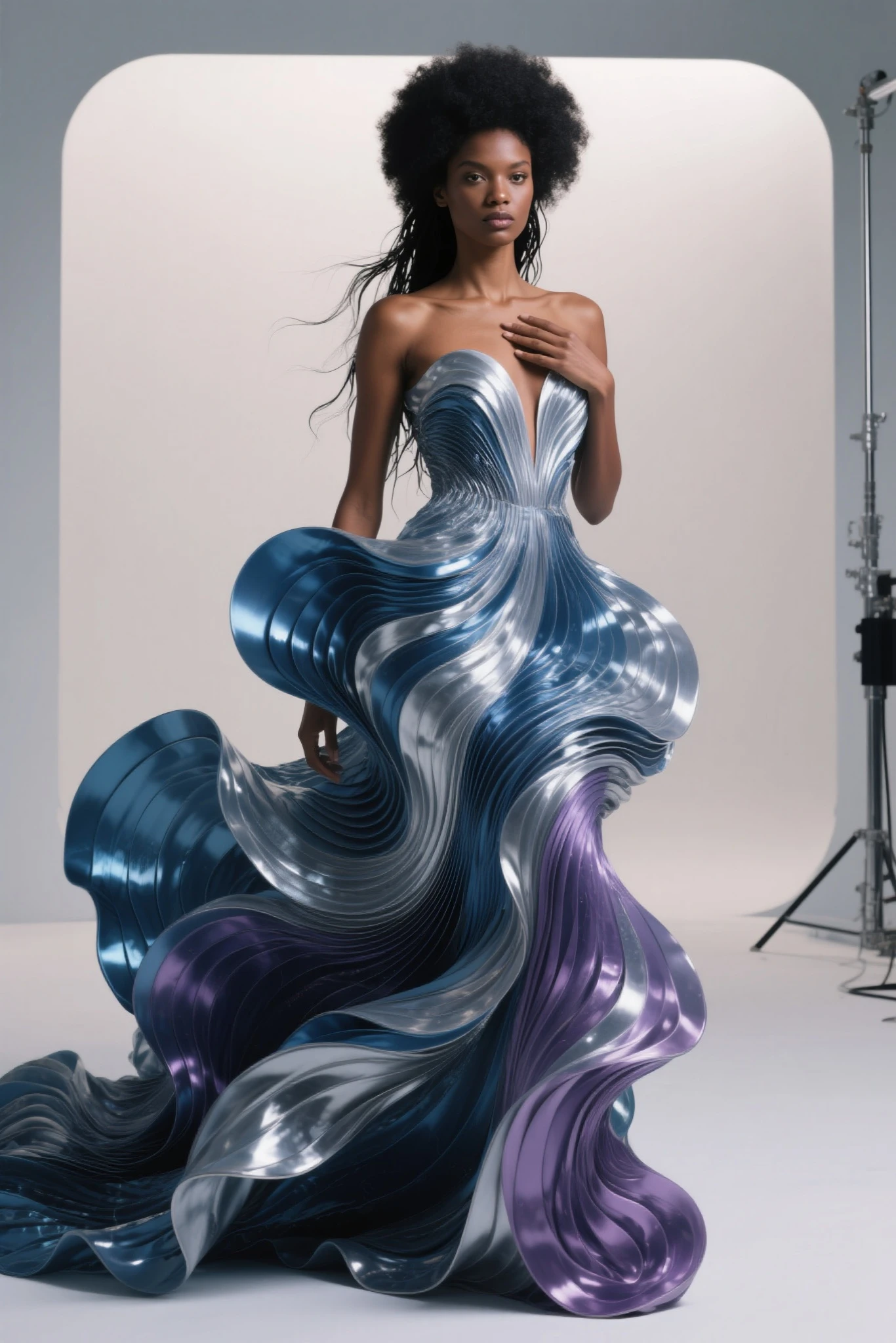 an image of a person with a flowing, sculptural hairstyle and garment that echo the movement of water. The hair and attire should be crafted with smooth, swirling patterns that extend and blend into each other, in a seamless and organic fashion. The color scheme should be a gradient of turquoise to aquamarine, set against a neutral gray background to emphasize the subject. The subject's pose should be elegant and poised, with a front view showcasing refined features and a calm, contemplative expression. Add a detailed, ornate earring to the subject to bring an additional element of sophistication. The lighting should cast soft shadows to define the swirling forms, creating a luxurious and modern aesthetic."