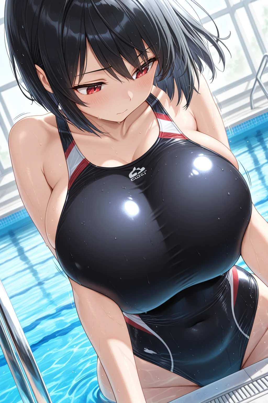 shark girl,furry,Cute Moe,big breasts,Good quality,Good resolution,go to swimming pool,Black one-piece swimsuit,Wet,nighttime,Good light and shadow details,shade,sexy pose,Have sexual desire to masturbate,sexy body