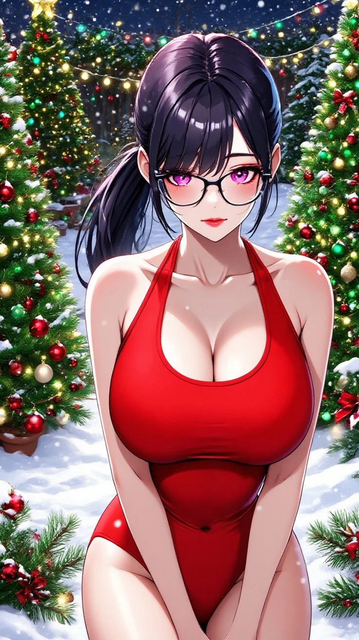 Medium round breasts a little sagging, 1 mature woman, (("twilight black hair" voluminous, high ponytail)) ((cute and beautiful woman)), double eyelids, detailed eyes, hyper-detailed eyes, light effect on the eyes, detailed iris, has an extremely sexy appearance, with incredible breasts and perfect waist, and an extremely sexy body, women's Christmas style short red dress blouse, with thin straps, beautiful makeup, cleavage, Christmas celebration ((work -prime, hyper realistic , hyper detailed, best quality, 16k, light and shadow effect on the skin), eyeliner on the eyes, cute expression, sweet smile, blue lips, tanned skin, in the bedroom, Christmas tree, beautifully seductive woman, sexy pose: 1, 3, seductive look