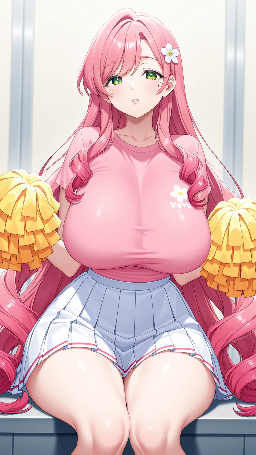 photoreal, 18 year old japanese woman, open mouth, extremely long pink hair, (gigantic breasts:1.2) (puffy nipples:1.2) sweat, sweaty body, shiny skin, gold miniskirt, sagging breasts, (Extremely thin and slender lower body:1.1) gold thighhighs, standing on stage, nightclub, holding yellow pom-poms, cinematic lighting