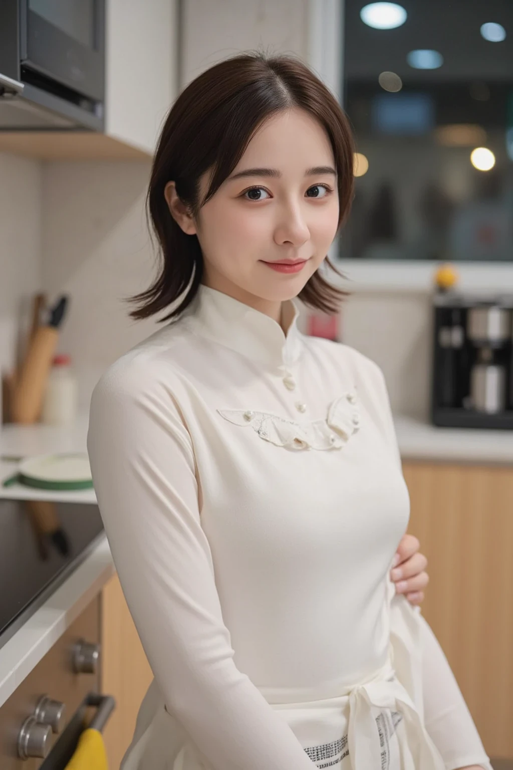 Portrait of a stunning young woman with a stylish hair bun, captivating gaze, and a warm atmosphere of a cozy coffee shop, realistic shading, fine details, exquisite lighting, digital painting,  (wearing acmmsayarma outfit, acmmsayarma white top with buttons, long sleeves), ((acmmsayarma green long skirt))