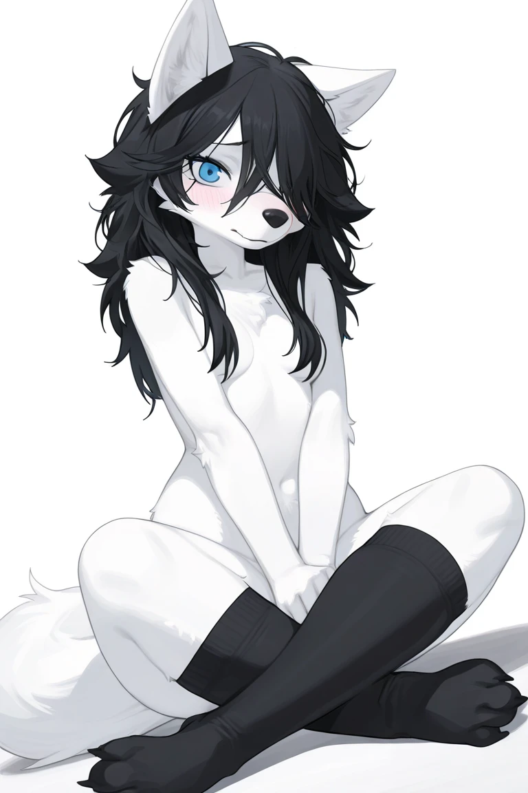 Solo, score_9,score_8_up,score_7_up, kemono style, (a young nerdy Anthro furry wolf woman, wolf snout, black nose, white furry body, white fur, detailed fur, tall, long black hair, straight black hair, white wolf tail, blue eyes, black glasses, white wolf ears, white wolf tail, small breasts, wearing black trendy romper), standing, outdoors at a mall, front view, cutely pouting, hugging herself,