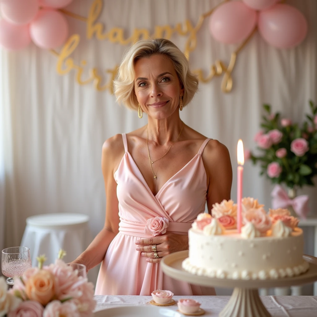 Grandmother catching a cake in a pink dress tradition