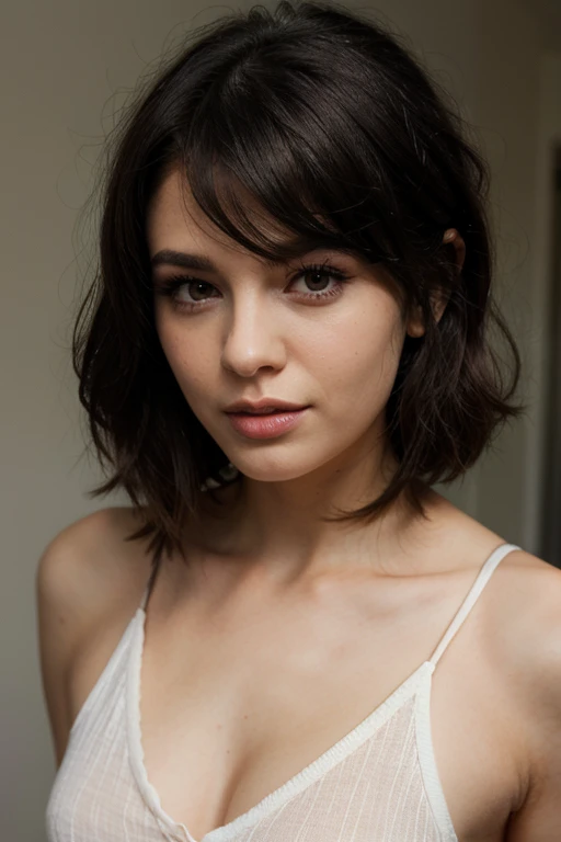 beautiful 22 years old girl, sad face, short brunette hair, ((blue eyes))), (black spaghetti strap top ), generous cleavage, (( busty)), (shot of face and breast), high-res, masterpiece, best quality, intricate details, highly detailed, sharp focus, kodak vision color, extremely detailed,realistic, max detail, roughness, real life, ultra realistic, photorealism, photography, 8k uhd, photography,