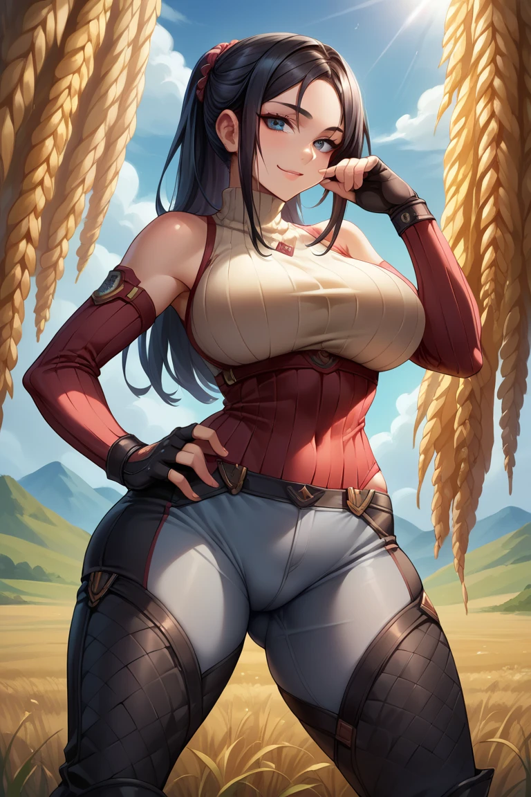 masterpiece, best quality, feMist, white scarf, orange vest, yellow dress, orange socks, boots, mountains, hills, rock formations, looking at viewer, ((torn clothes)), ((beaten and injured person)), ((crying)), ((big tits)), ((thick thighs)), ((Defeated))