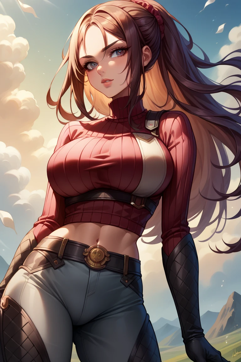 better quality, 1 redheaded half dragon woman, (gigantic chest:1.4), Brown eyes , long hair, on a mountain , near the clouds