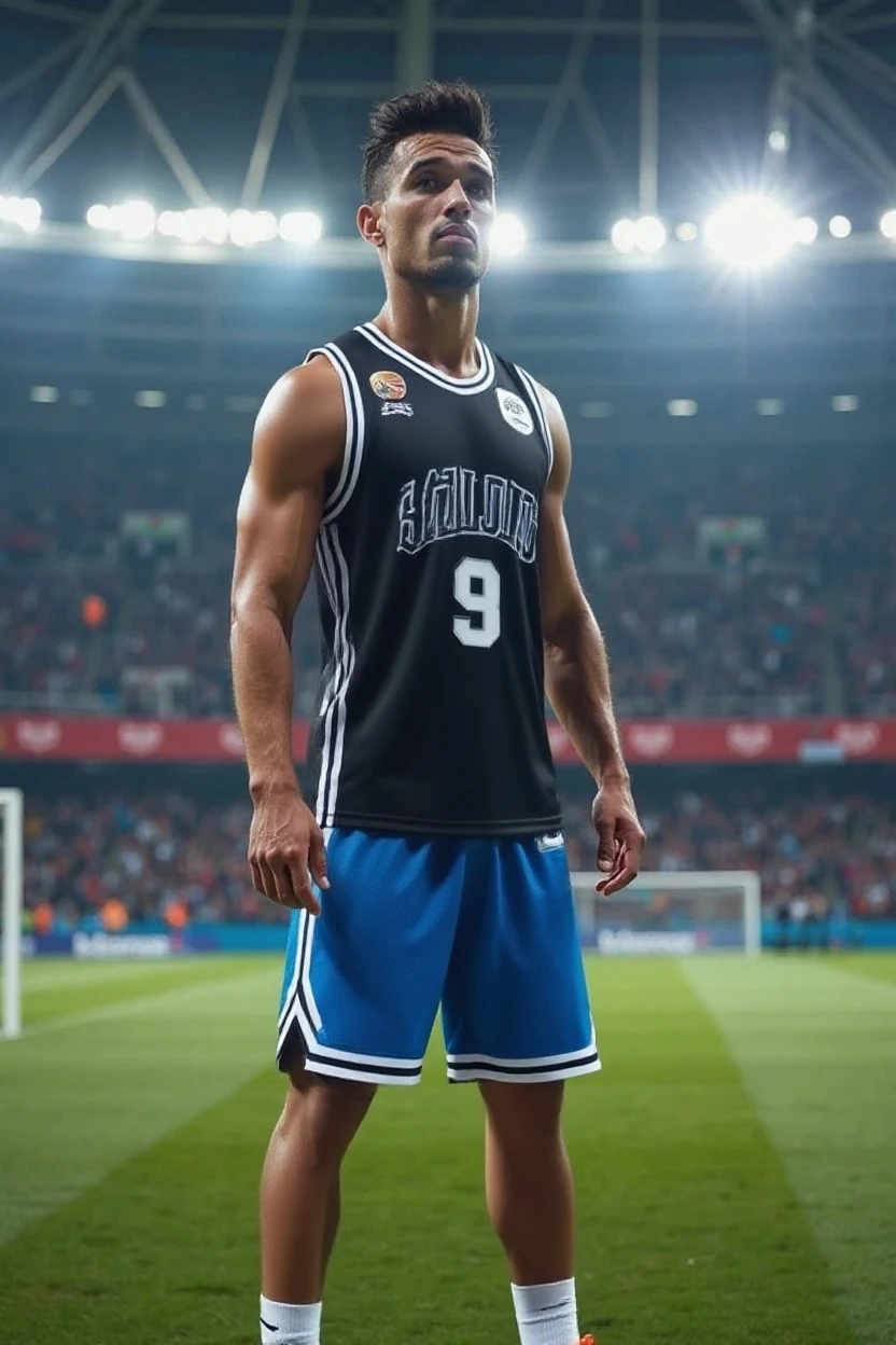 (best quality:1.1),original, 1man, A handsome man with Lightskin skin, African American man with natural 4c hair, short hair, taper Fade, ebony nose, broad shoulders, tall, masculine, dressed in Football Barcelona Jersey and football shorts, cartoon,anime illustrations, style is abstract beauty, Sundaratang, charming character illustrations, folklore --ar 2:3 --v 6.0