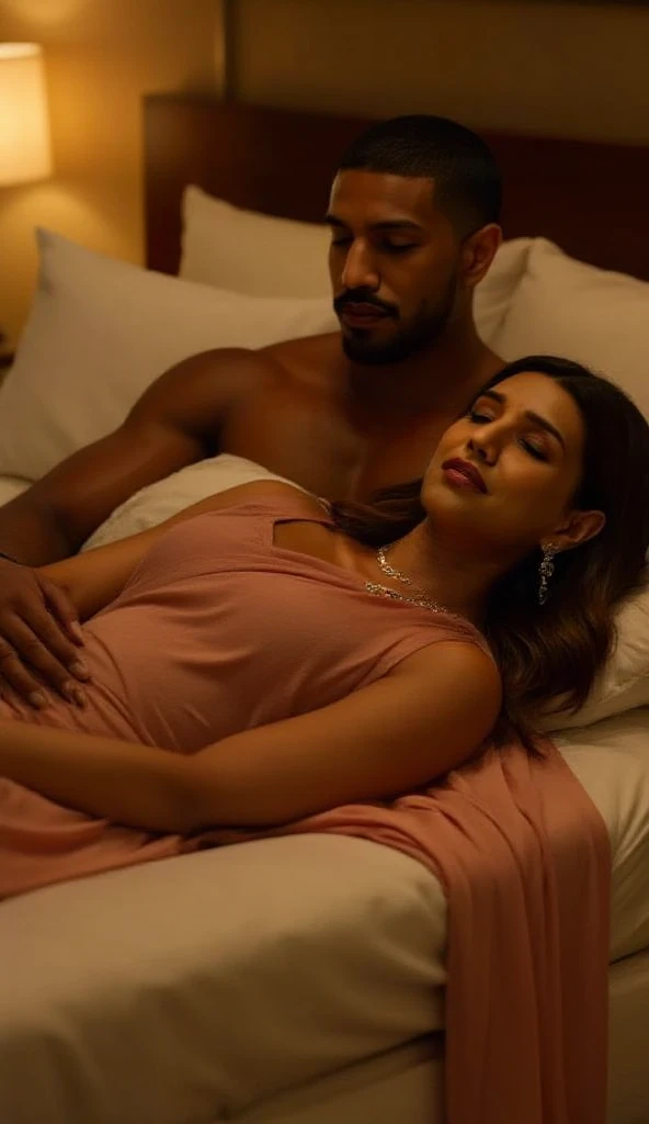 BEAUTIFUL ROMANTIC TALL CURVY LIGHT SKINNED ETHIOPIAN PREGNANT WOMAN NAKED IN BED MAKING LOVE FUCKING HER HUSBAND IN BED. SHE IS WEARING BLACK SHADES WITH GOLD RIMS. SHE HAS LONG HAIR SHE IS WEARING BLACK NET VEIL ON HER HEAD. HER AFRICAN HUSBAND IS NAKED TOO FUCKING HER. HE HAS A DIAMOND GLITTERING PIN IN ONE OF HIS EARS. HE IS WEARING BLACK SHADES. HE HAS BRAIDED HAIR IN PONY TAIL. THEY ARE SLEEPING DOWN IN AN EXECUTIVE HOTEL ROOM. THEY ARE IN DEEP LOVE. THERE ARE PURPLE CANDLES AROUND THEM. THERE IS A WINE BOTTLE AND WINE GLASSES ON A TRAY. THEY ARE ENJOYING SOME WINE