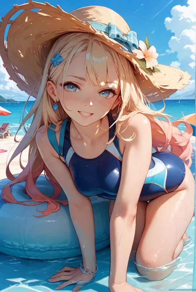 1 girl, japanese, 14 years old, white skin, medium chest, watching the view, (smile:1.5),
beautiful detailed eyes, (long hair:1.4, twintails:1.7), blond hair, (navel:1.1), under boob,
(micro bikini:1.5),
squatting,
(beautiful scenery), day time, , (tropical beaches:1.5),
(8k, maximum quality, masterpiece), movie lighting,