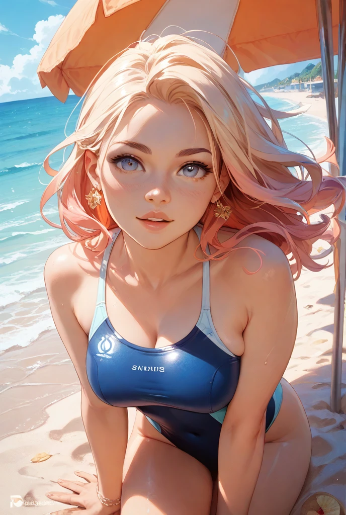 baby face, (very long pink hair:1.5,sidelock:1.5,single braid), (photorealistic:1.3), (masterpiece, sidelights, exquisite beautiful eyes: 1.5), masterpiece*portrait, realistic, 3D face,(cute face),front view: 1.6、 (glowing blue eyes:1.2),plump face:1.5,(tareme:1.5)、(seductive smile:1.2),Rosy Mouth,Slim Body,abs, shiny hair, shiny skin: 1.5、medium breasts,cleavage、solo,(stand)、(black micro bikini)、(charactor focus、portlate、upper body),beach,