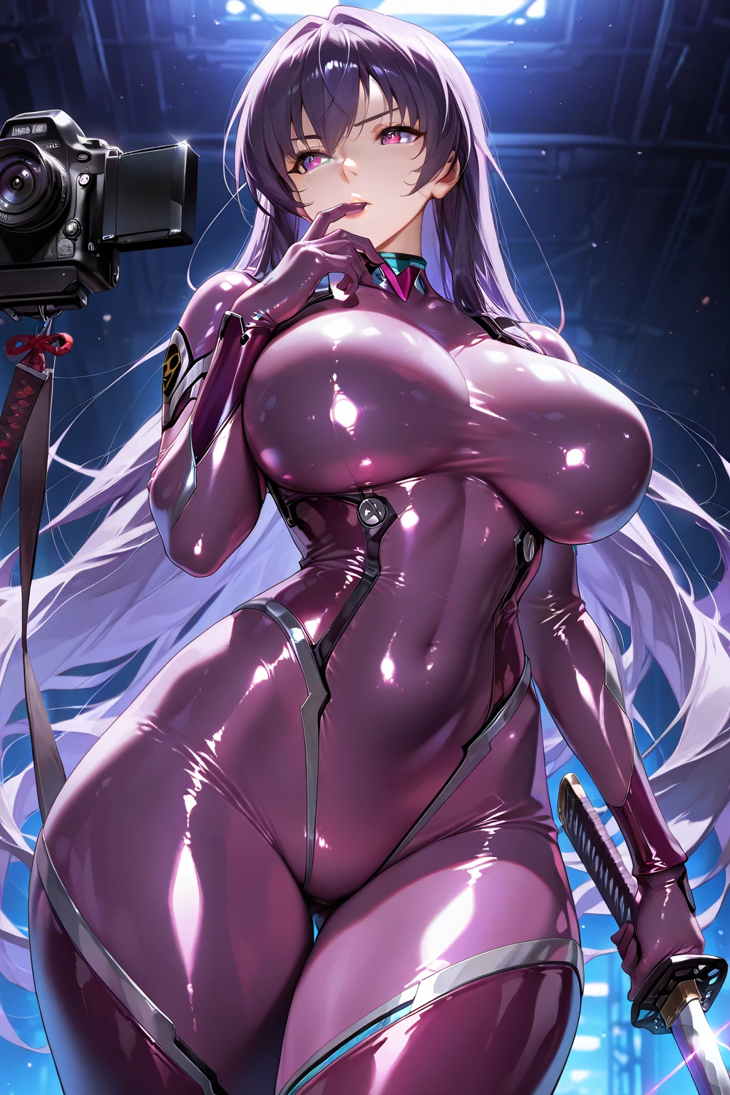 (akiyama rinko、Slender woman), Purple transparent bodysuit with emphasis on body lines, Female Solo, Full body bodysuit, Sit on a sparkling pink pipe, Mechanical chair, Plump breasts, exposed lower chest, torpedo tits, Hart Nipples, Blue-purple hair, Ponytail, The long-haired, straight haired, Tattoo of the lower abdomen, Thin laughter, Eyes glow purple, Taimanin suit, Put one hand on your crotch, Open your crotch, headphones, chastity belt, Glowing tube connected to chastity belt, Futuristic and inorganic background, hairs between eyes, Chain tied to the wrist,
