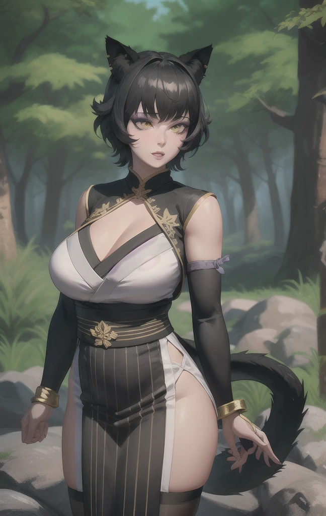 (masterpiece, best quality:1.3), highly detailed, intricate, professional art, digital art, 8K, kalibelladonna stands on high heel and send flying kiss, (japaneese meadows and rivers complex background, outside:1.15), full body shot, looking at viewer animal eyes, cat ears, black hair, short hair, blunt bangs, lipstick, (purple makeup:1.1), black eyeshadow, smokey eyes, detailed hair, ultra detailed face, yellow eyes, perfect eyes, perfect face,(tail:1.1), (japanese clothes:1.1), detached sleeves, (hip vent:0.9), (bridal gauntlets:1.1), shrug (clothing), black gloves, elbow gloves, socks, sandals,(mature female, 40yo:1.1), puffy tits, (breasts out:0.8) large areola, Large Breasts, cleavage, <lora:Kali-000009:0.9>,cherry blossoms, (solo focus,:1.2)
