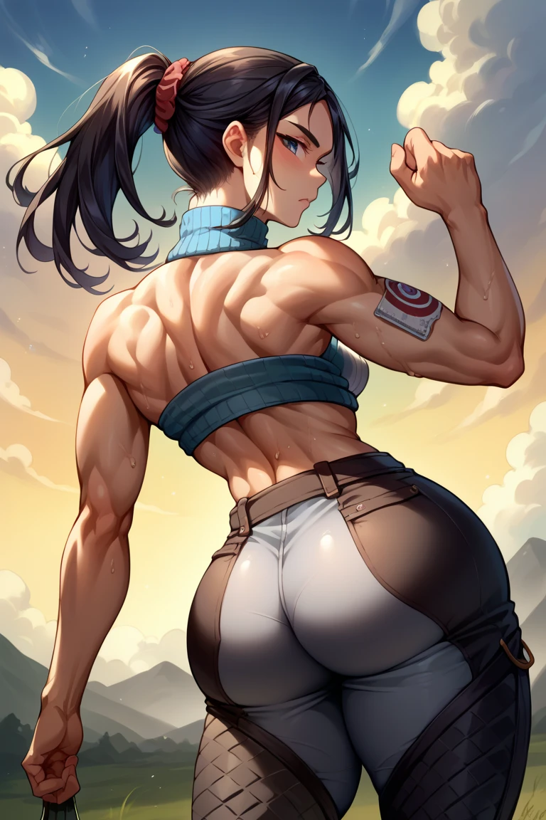 (((1 girl))), black hair, yellow eyes, very long hair, ((((muscular)))), tall, ((tank top and tight shorts)), close up, (solo), (wide hips), (thick thighs), (large breasts), (big ass), (from behind), against wall