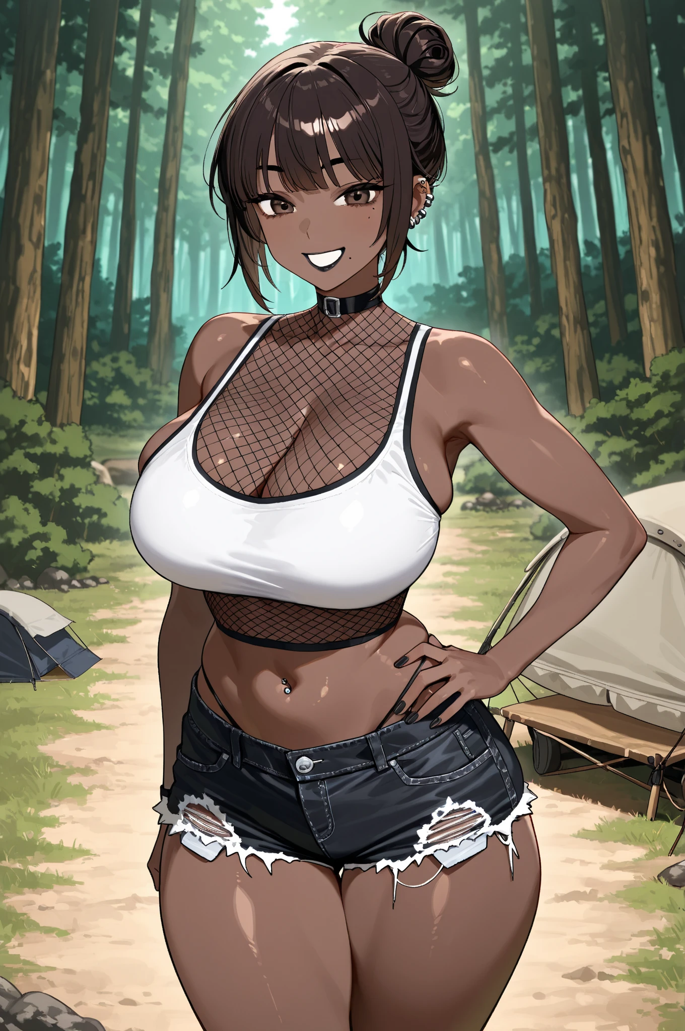(Masterpiece, best quality, intricate details, 1sologirl) iron collar, arms behind back, iron cuffs, shackles, bound ((standing by wooden pole:1.2)) ((female Black Dark skin Gyaru)) show entire body frontal position, feet in view, realistic, gorgeous 16y.o. darkest skinned mixed race female, black African, barefoot no shoes, looking to viewer straight symmetrical, solo girl looking to the camera, cow bell choker leather collar choker neck bell, metal sandals, black and white bikini (cow pattern) black thigh highs