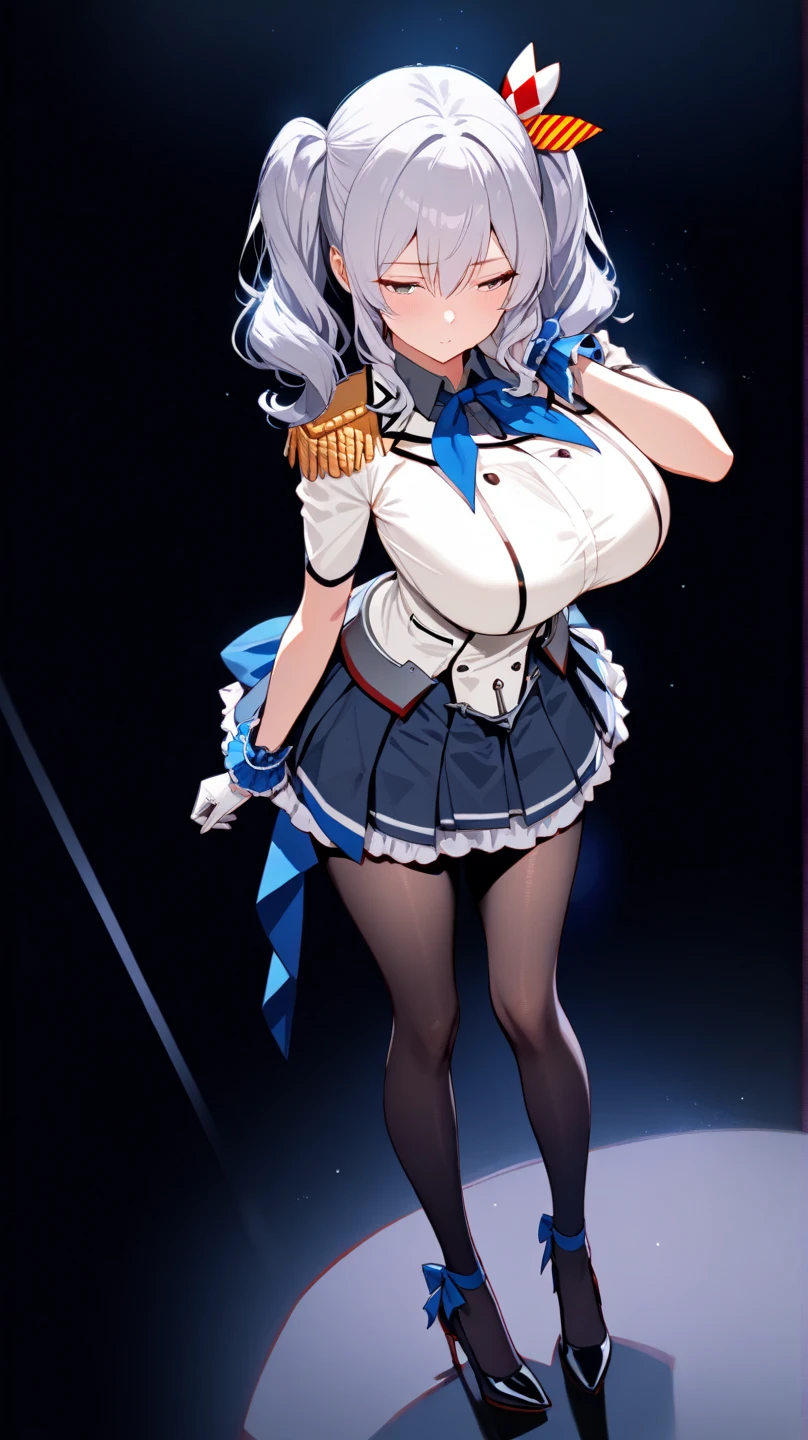 (full body),masterpiece, Highest quality, High resolution, male, short hair, Hello, Red eyes, Large Breasts, Cleavage, Epaulettes, White gloves, Elbow hand pockets, Purple Skirt, Knee socks, Thick thighs，Cowboy Shot, Are standing, Pose in front, Straight, street，