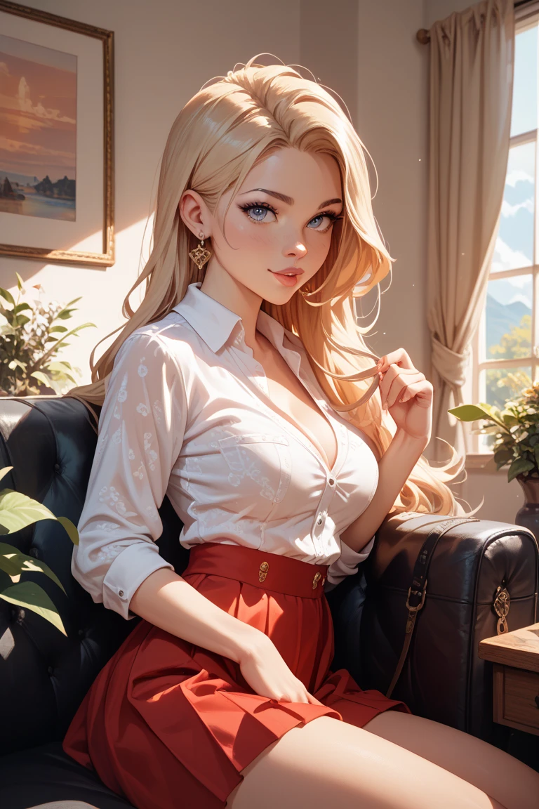 (Blonde stunning hair), (blue eyes), blue necklace, Golden earrings, Fit, Gorgeous Body, gorgeous, brown eyebrows, (two moles over lip), big pupils, (23 years old), 1girl,solo, complex skin, warm light, (large breasts), wide thighs, round butt, 5 fingers, ((blushing)), ((detailed face, best quality)), (masterpiece)), ((ultra-detailed)), (beautiful detailed eyes), red lip, eyeshadow, beautiful face, long hair, very detailed eyes, intricate details in eyes, perfect lips, good lighting, cleavage, ((smug face)), wearing white workout clothes, in pink girly bedroom background, ((showing off cleavage)), wearing white socks, show socks, sitting on chair with their legs open wide, show socks, two legs, sweat
