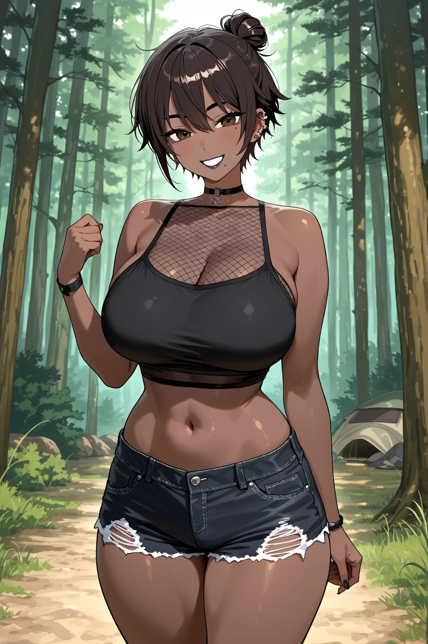 ((Masterpiece)), ((Best Quality)), ((highres)), ((UHD)), ((absurdres)), (1 girl), ((ultra-detailed)), ((dramatic lighting)), blushing, smile, green eyes, bob cut, bangs, black hair, short hair, ((choker)), crop top, ((black tank top)), ((black pleated mini skirt)), (((huge breasts))), (((cleavage))), shiny skin, vivid colors, full body shot, ((sharp focus)), outdoors, standing up, green grass field, feminine, shy, ((award winning)), ((arms behind back)), seductive, alluring, sexy, (perfect face), perfect female figure, ((perfect anatomy)), black eyeliner, black lipstick, ((gothic)), ((Perfectly round breasts)), looking at viewer