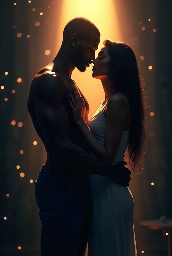 Black couple in the dark clouds, man and beautiful curvy woman Embraced in each others arms, romantic scene, beautiful love scene, night time, photorealistic image, 8k, ultra HD, unreal engine rendered, cinematic lighting, artgerm style,