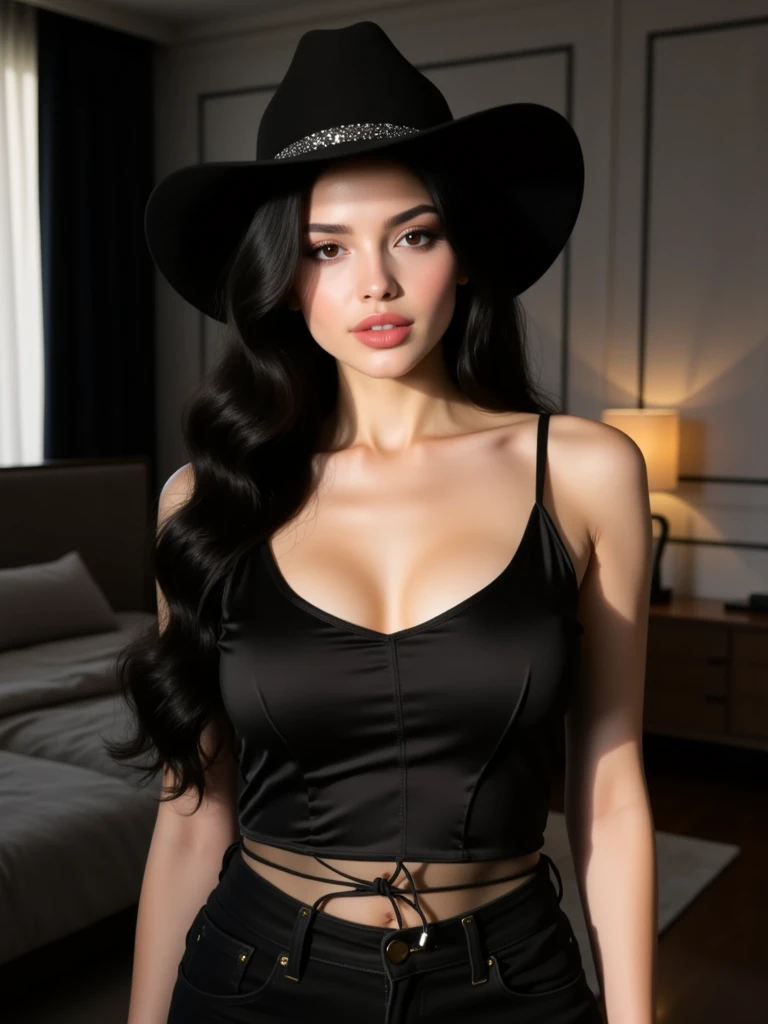 (photorealism:1.2), beautiful curvy indonesian woman, little smile, sitting on bed, wearing black transparent loose off-shoulder top, black pajama, long black straigth hair, indoors, soft lighting, plants in background, window with sunlight, cozy room, relaxed pose, realistic, intricate details, warm colors, by Greg Rutkowski, by Alphonse Mucha