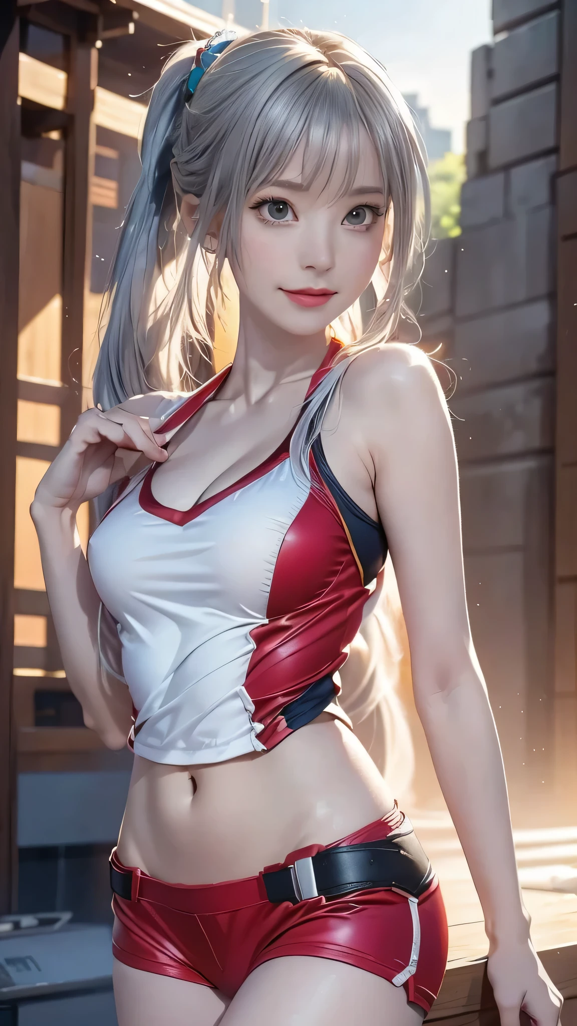 A charming Harley Quinn with white wet hair and captivating blue eyes adorns this full-length, high-resolution image. Her seductive allure shines through as she performs disappearing tricks with her expressive, crazy eyes. The transparency of her top reveals intricate detail and an end-to-end magical glow, creating an aesthetic, 3D clowning effect. The detailed dust fractals add a captivating touch to her appearance, making this image a striking masterpiece with hyper detail.