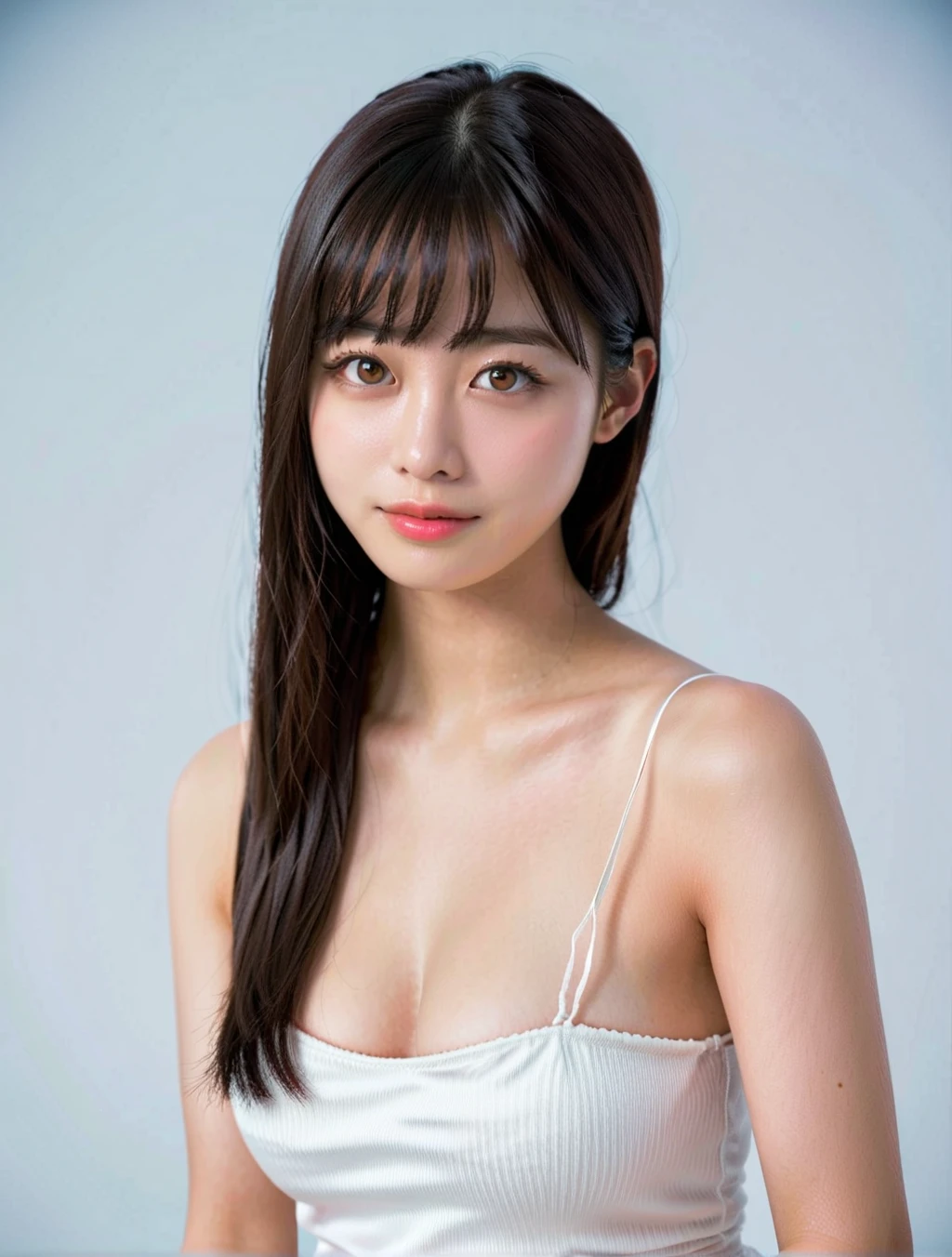 (Skin Scratch: 1.2), (Skin Dent), Black Eyes, 1 Female, 17 years old, (Female))), Solo, Realistic, Best Quality, Photorealistic, Masterpiece, 8K, High Resolution, Solo, Highly Detailed Face, (Professional Lighting, Bokeh, Backlighting), (Light Particles, Lens Flare, Luminous Particles: 0.6), (Dynamic Pose: 1.2), Soft Lighting, Angle View from Above Fashionable and trendy atmosphere, Japan, street, Tokyo, city, ((daytime)), sky, ((viewer: 1)), (looking at camera), (portrait: 0.6), cowboy shot, gorgeous, standing, keeping original facial proportions, broad shoulders, full body, (huge breasts), (medium hair), brown hair, floating hair, glasses, lips, lipstick, fake face, Floating hair, (white blouse), (white jumper skirt), camisole, skindentation, (((slim skinny body)), emphasizing cleavage, Japan school uniform, eyelashes, moles, (moles under the eyes: 1) ), with glasses, naughty face, cute, laughing, happy, (Kpop idol), (aegyo sal:1), long black hair, bangs, ((puffy eyes)), look at the viewer