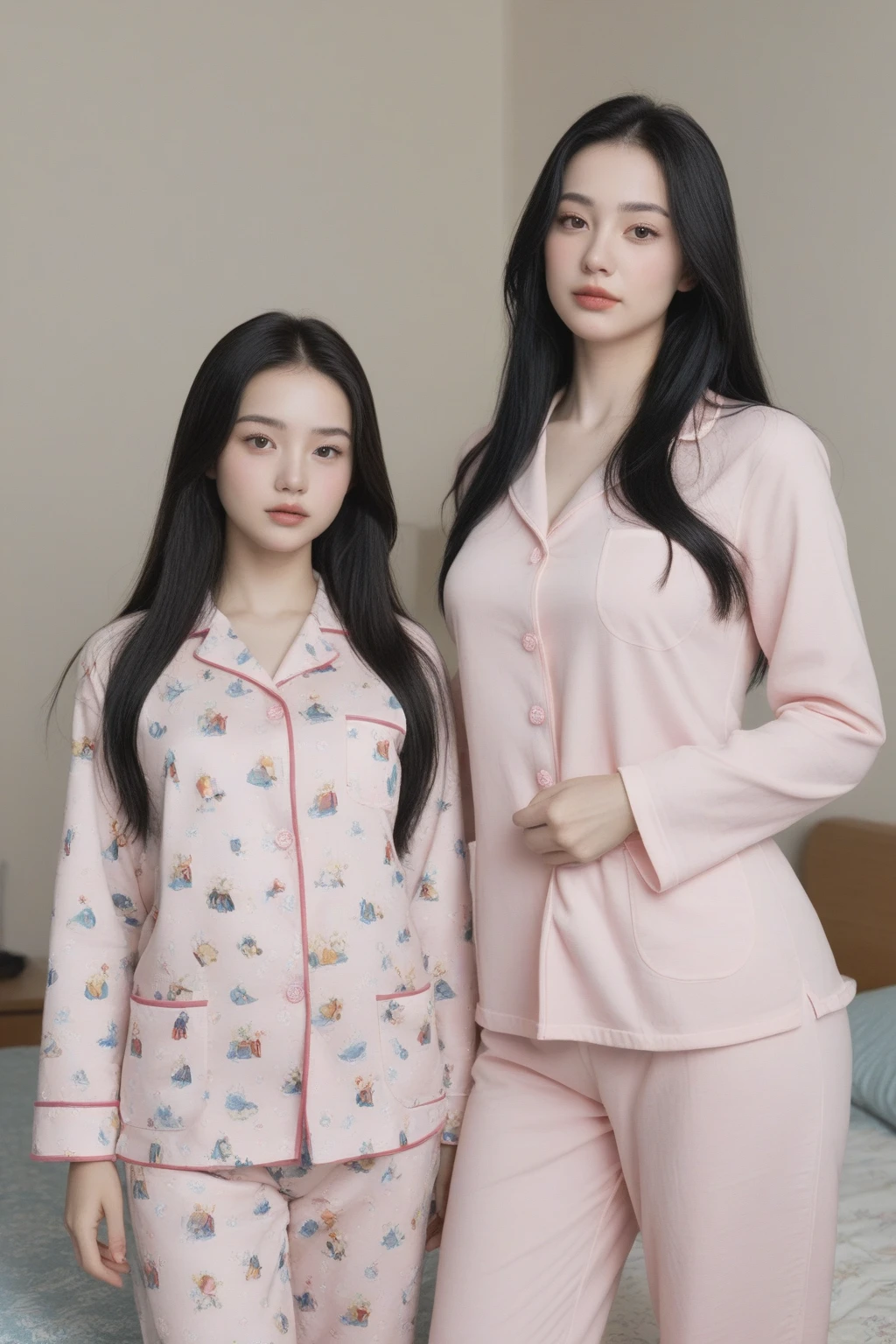 Very little Korean girl in cute pajamas 5 years old 120cm tall with bun hair, Japan mother in apron 52 years old 168cm tall, girl wants mother's breast milk