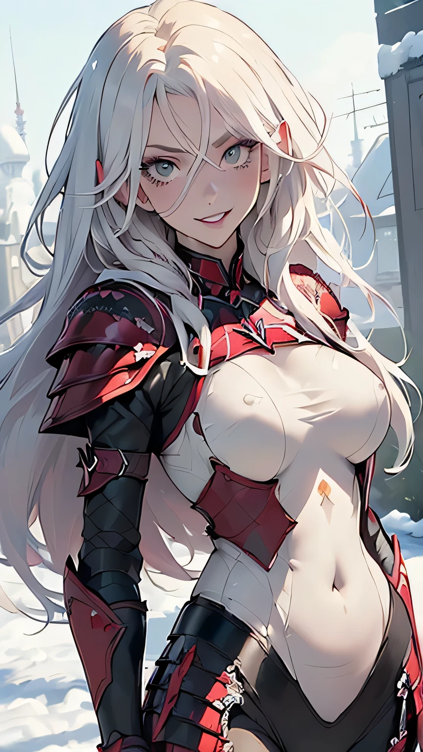Masterpiece, very detailed, ultra detailed, one, (1 woman), athletic body, six press packages, she is in futuristic red armour with bright black details, with a large and detailed spear, in a stable and fighting position, super mature, tall, milf, mature mother, long hair, straight hair and straight bangs, bright red hair, red demonic horns, beautiful, charming, blood red eyes, elegant, big breasts, wise smile, charming, against the background of snow, ice and winter.