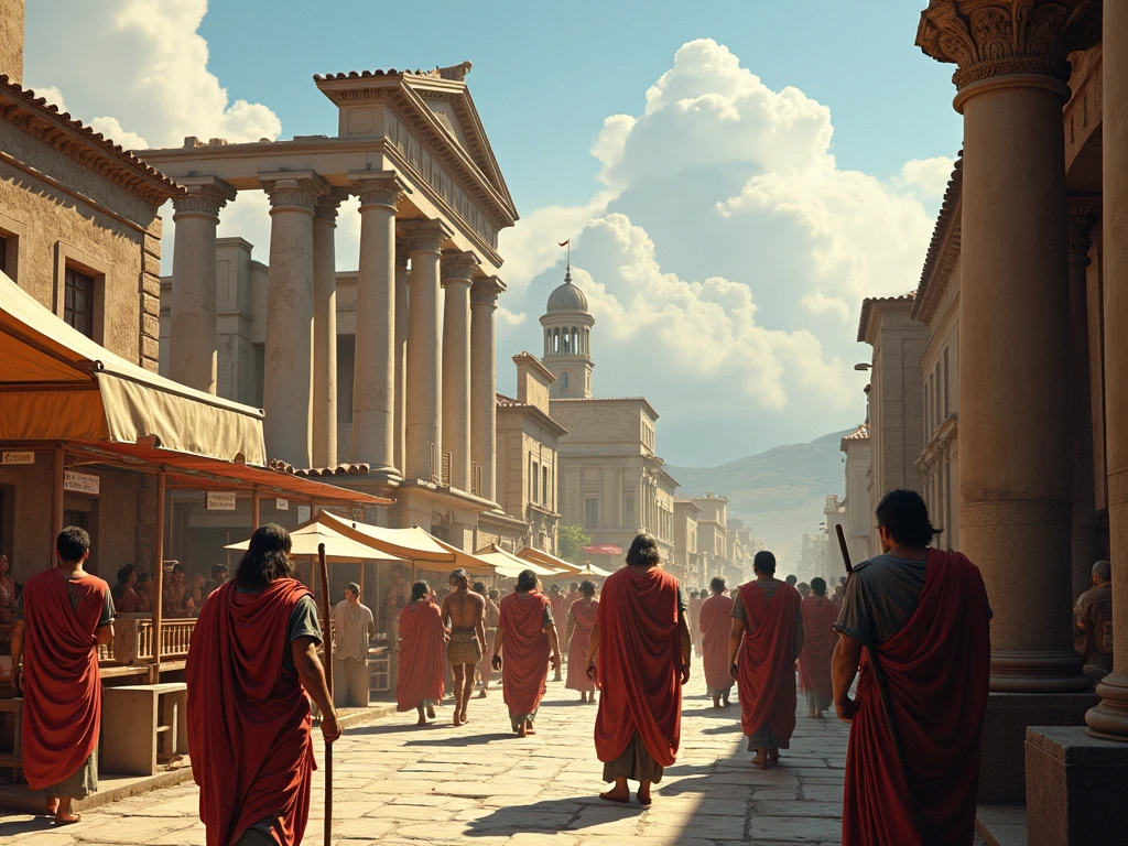 A man giving a passionate speech in the Roman Forum,Surrounded by a diverse range of citizens,masterpiece,highest quality,Attention to detail,1 male,good looking,Sturdy yet sophisticated look,Has boy-next-door charm,Exact details,Roman Toga,Finely drawn backgrounds,Depth of written boundary,Visual Effects,Cinematic shots,