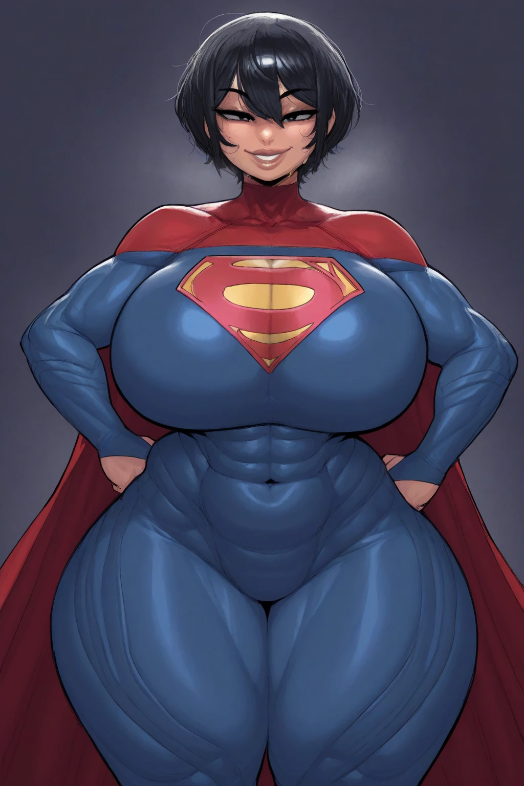 ((masterpiece)),(((best quality))),((character design sheet)), ((full body view)) illustration,(female superhero), muscular, ((blue bodysuit:1.5)), superhero, (dark brown hair:1.2), (red cape:1.5) ((detailed face:1.4)) beautiful woman, (small head:1.2) ((gigantic breasts:1.6)) (red thighhighs:1.3)(messy hair:1.4), (blunt buzzcut:1.4), (long sideburns:1.4), shiny skin, (yellow logo on chest:1.4)(puffy lips:1.5), (full lips:1.4) (wide hips:1.3), hip dips, detailed lips, (red gloves:1.2) rough sketches, pose, 8k,16k, (simple background, white background: 1.3)