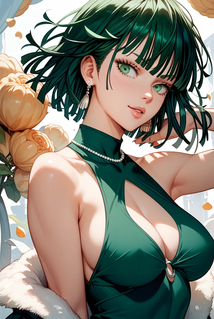 anime girl with green hair and green eyes in a black suit, tatsumaki with green curly hair, tatsumaki from one punch man, tatsumaki, cute, big ass, pink pussy, seductive