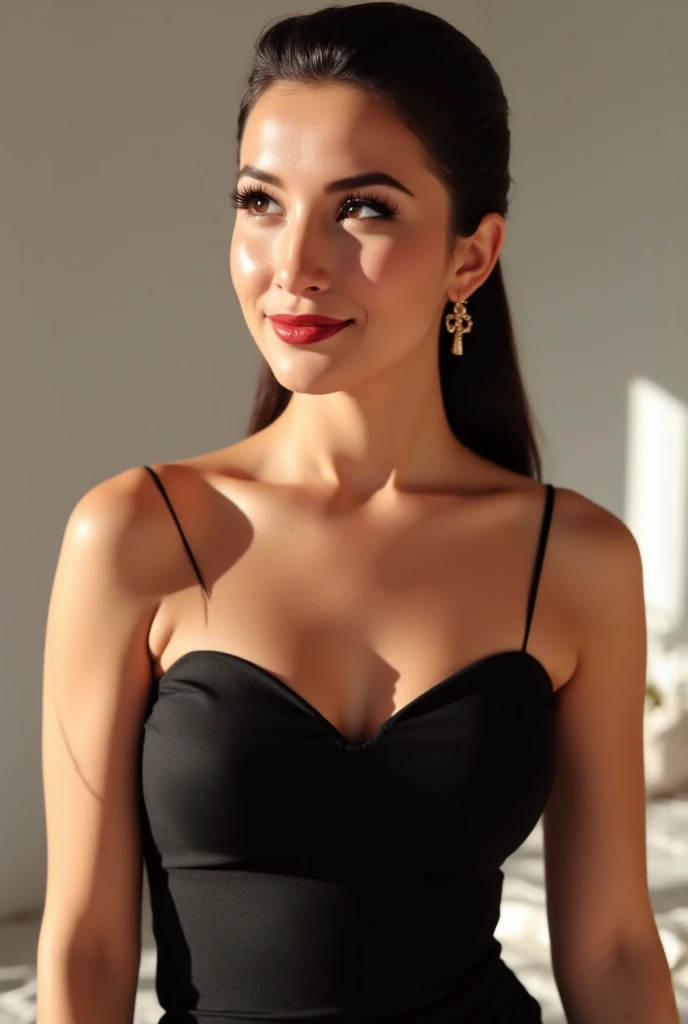 (best quality,4k,8k,highres,masterpiece:1.2),ultra-detailed,(realistic,photorealistic,photo-realistic:1.37),beautiful eyes,beautiful lips,detailed face,red lipstick,gorgeous woman, sexy black tight strapless cheerleader outfit, sexy elegant fashion model, sexy elegant look,long eyelashes,confident expression,flawless skin,posing gracefully sexy,head to stomach shot, sexy black tight strapless cheerleader outfit, bare stomach,sexy naked medium Breasts,flowing fabric,soft and silky material,graceful movement,vibrant colors,artistic lighting,studio photo shoot, dreamy atmosphere