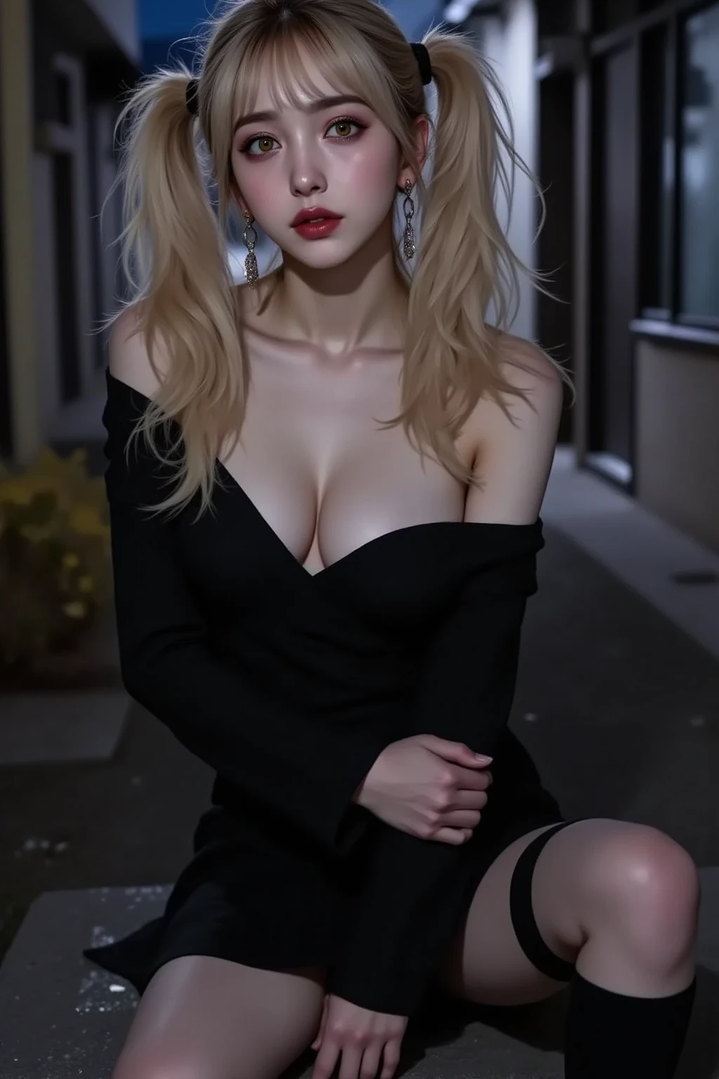 ((Highest quality, 8k, masterpiece :1.3)), Sharp focus :1.2, Beautiful woman with perfect figure :1.4, Slim Abs :1.2, ((Big Breasts, Emphasize cleavage:1.3)), (Photorealistic:1.4), (realistic:1.4), Highly detailed face and skin texture, Fine grain, double eyelid. Makeup face. A little bit of lipstick, necklace, Earrings, sex appeal, Sexy gravure pose, ((Beauty in a black dress。The background is a night city。The expression is a captivating smile。Her hair is long and blonde.。:1.3)