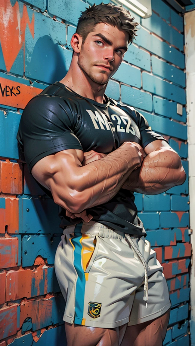 Best quality, masterpiece, ultra high res, detailed background, full body, 1man, Insanely realistic 18 year old homophobic fagbashing frat bro bully from new jersey, who resembles Ron Desantis, with the swoll physique of an npc men's physique champion showing off in wrestling gear. he is an ultraconservative straight athlete; major homoerotic teasing; he has a sullen arrogant vibe; in the style of muscle & fitness magazine; sfw; outdoors, real shadow and light, depth of field, Downs; light reflections, sfw