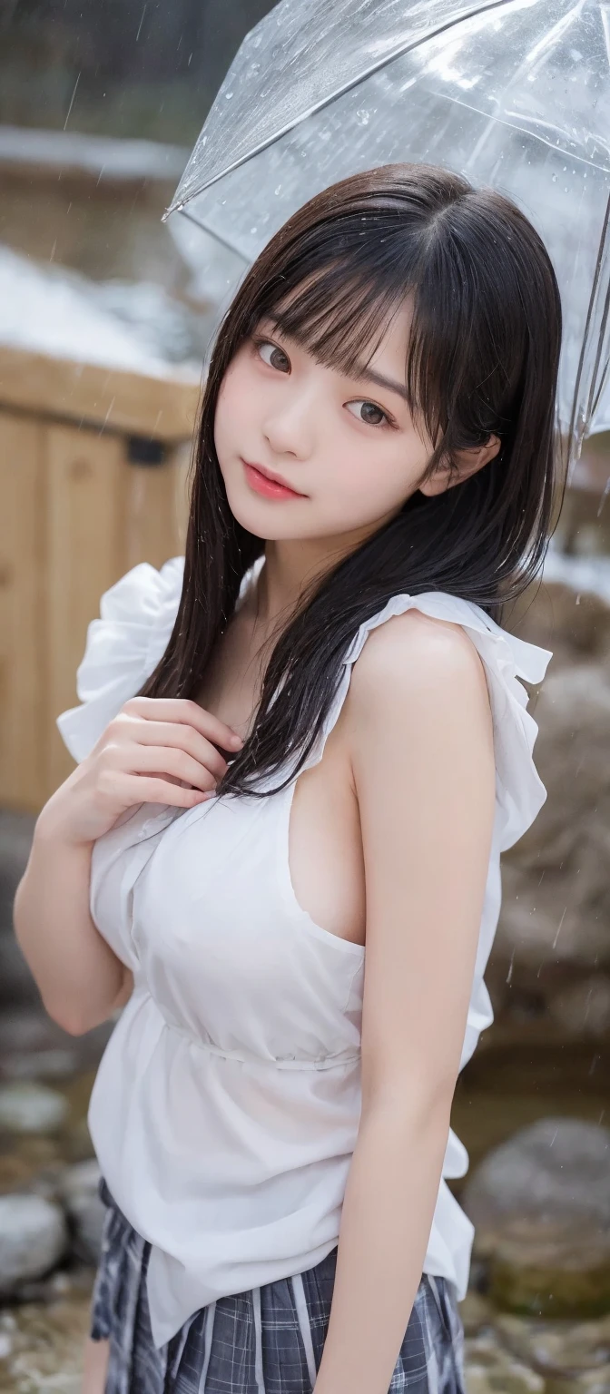 ((maid costume、Highest quality、Masterpiece、High resolution))、(((??? in hair、??? facial、Zoom photo from above)))、(??? in hair、??? facial 、wet body、Pose to invite a man、A shy smile:1.2)、One Woman, Cleavage、Trimmed bangs、Wavy Hair、room