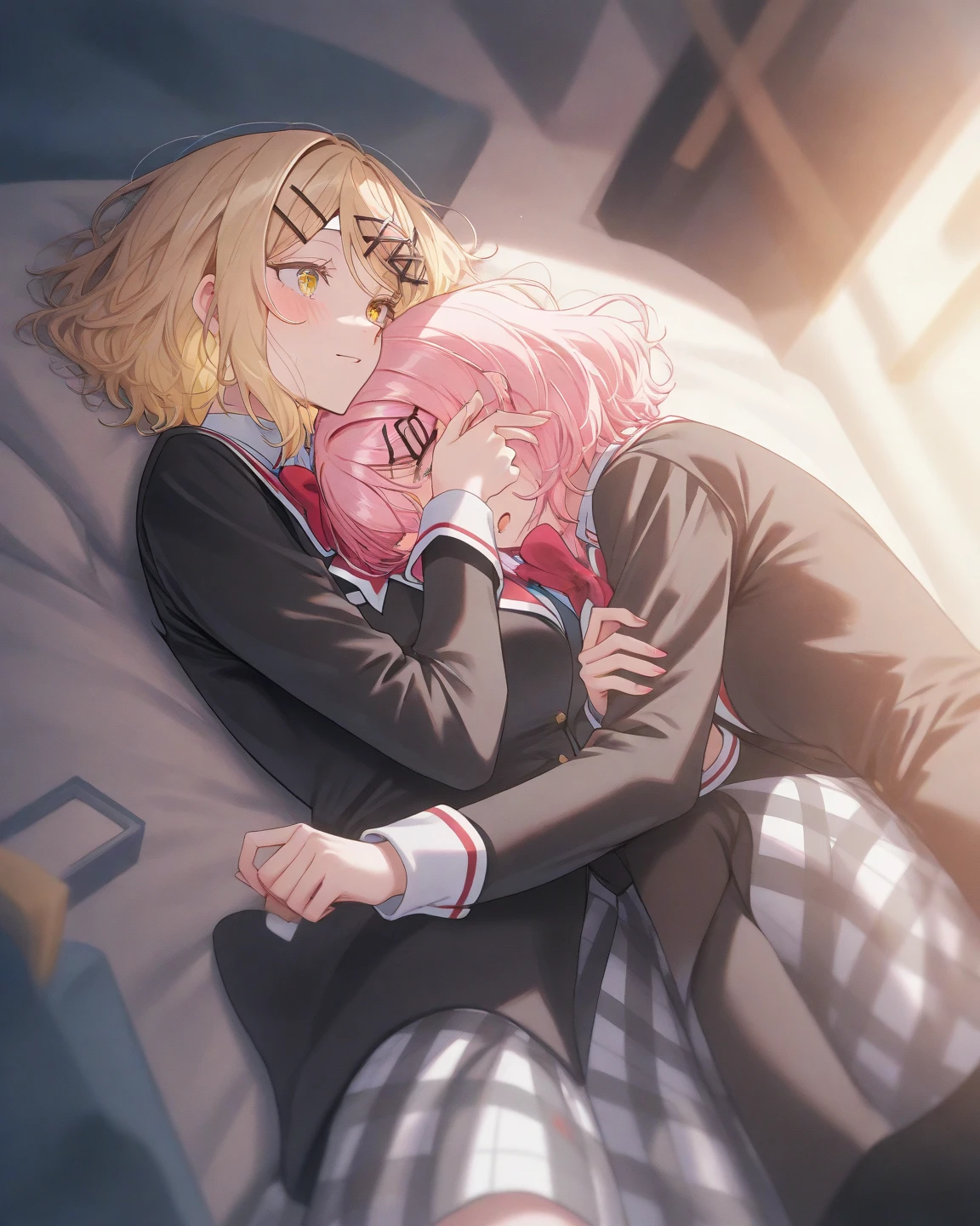 masterpiece, Highest quality, so beautiful, absurdists,High resolution,One girl, One boy,Cuddling in bed, like,sexly,Look at each one, blush,Age difference,bow tie,blondes,chest,Long Hair,Pink Hair,Tucked in shirt,short hair,skirt,Tent shirt,Slut,Big breasted sister and brother,Siblings,Trousers with bulging crotch,Pushing her big tits against her brother,My brother&#39;s penis erect in his trousers,My brother&#39;s small erect penis,((姉のHUGE breasts)),Sister crushes her big tits in her brother&#39;s face