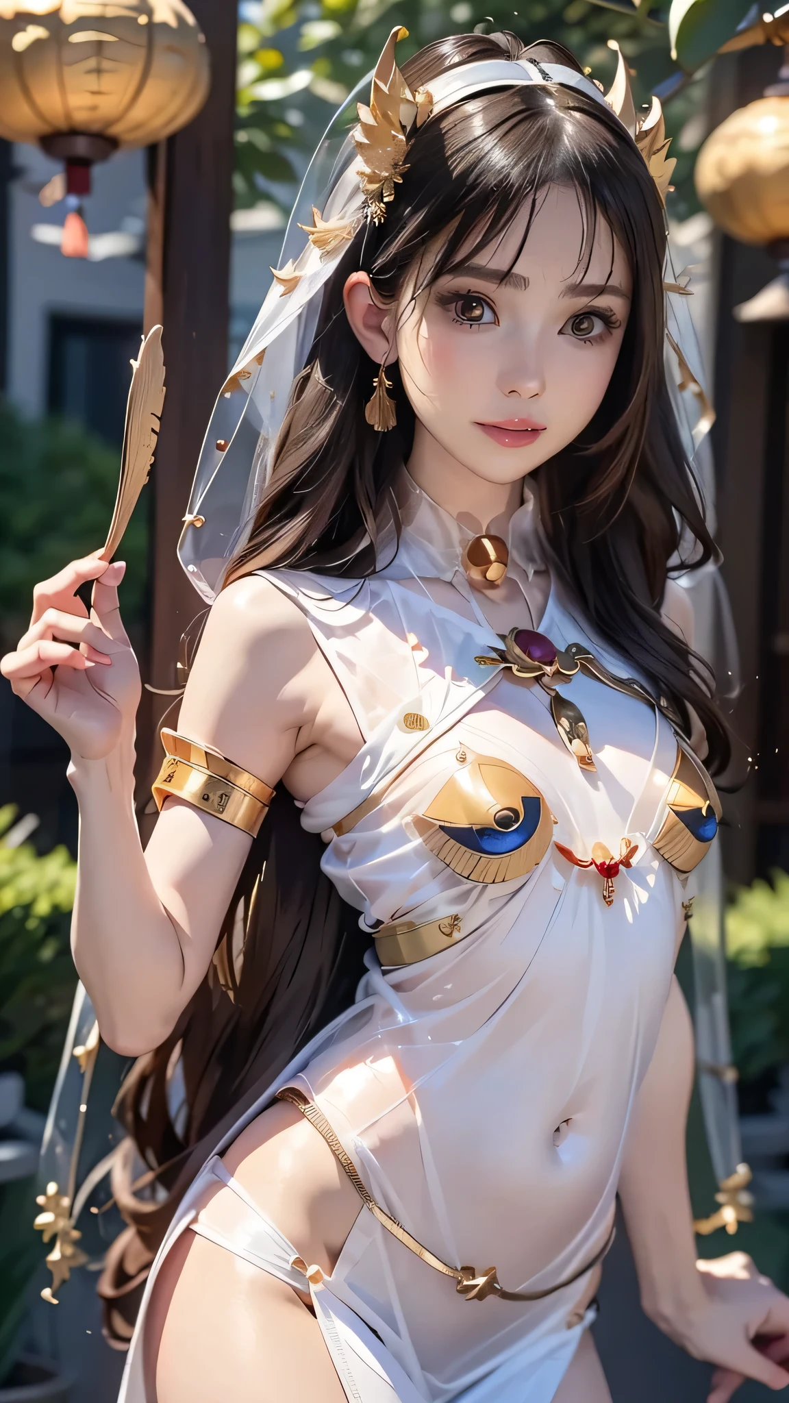 best quality, masterpiece, (realistic:1.2), 1 girl, grin, 14yo dark skin arabian girl, head shot, upper body, baby face, ultra detailed face, light brown two braids hair with bangs, hourglass figure, oily skin, golden bikini, (pasties:1.4), her sweating a lot, in qatar at dusk