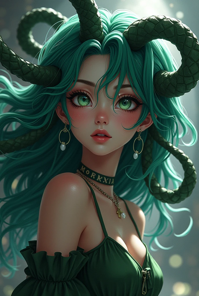 (masterpiece, best quality), 1girl,    <lora:Lum:0.8> lum, long hair, breasts, blue eyes,  green hair, horns, strapless, makeup, animal print, eyeshadow, oni horns, oni,