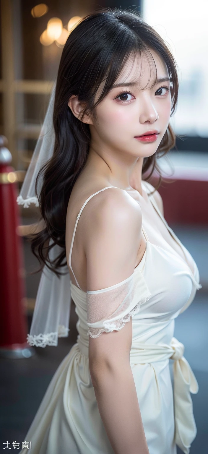 (Best quality, 8K, tmasterpiece, hyper HD: 1.3), (K-pop idol: 1.3), 1 , (: 1.2), (Long gray hair),  perfect body figure, Ultra-fine face, Exquisite, pretty eyes, 二重まぶた, Hands are super thin, Ultra-thin fingers, ((Korean wedding dress))，开衫Elegant  , detailed  , Elegant  , Luxury hotel 5 star,，
