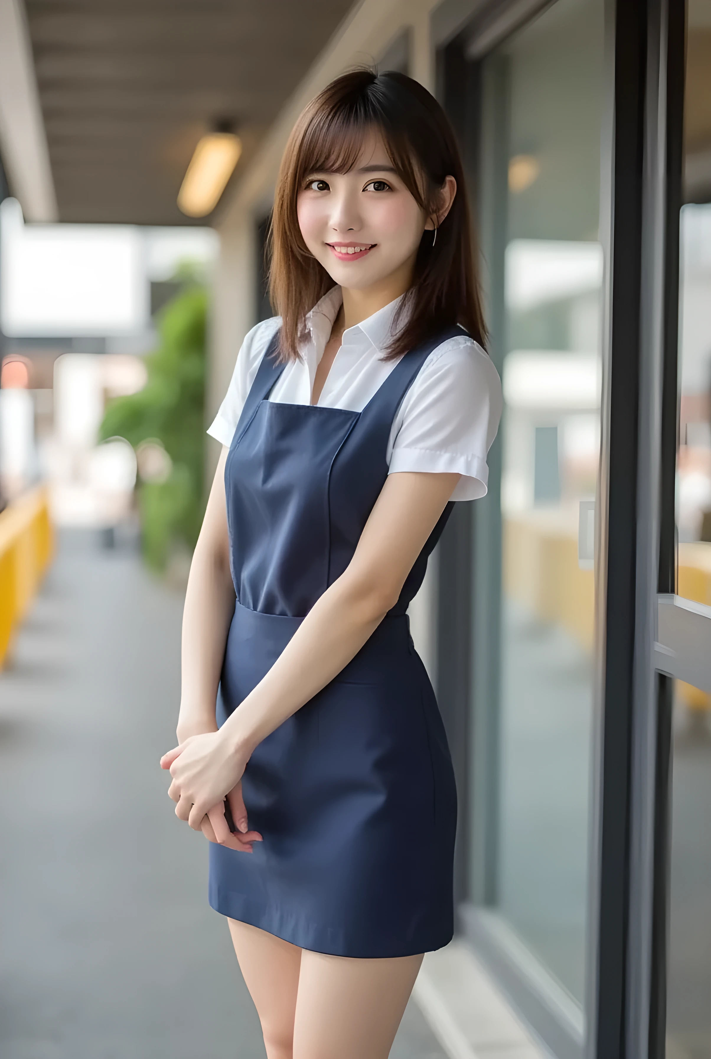       super realistic ,       photorealistic   ,    (Full body image:1.5),  She looks so happy      , shadow,           global illumination          , Alone, (Japanese woman in her 20s :1.5),      so beautiful、     Cute Smiles ,    Slim,    brown hair ，　beautiful legs ， Long, slender legs ,       Surimi West   ， She's wearing a receptionist   ，wearing a bus guide  ，   turn your body forward、  white hair，full body photo  ，Please take a picture up to the tip of your foot  ，wear fishnet stockings on her legs  ，When the light hits stockings, they reflects beautifully.，　and I'm wearing black high heels      ，