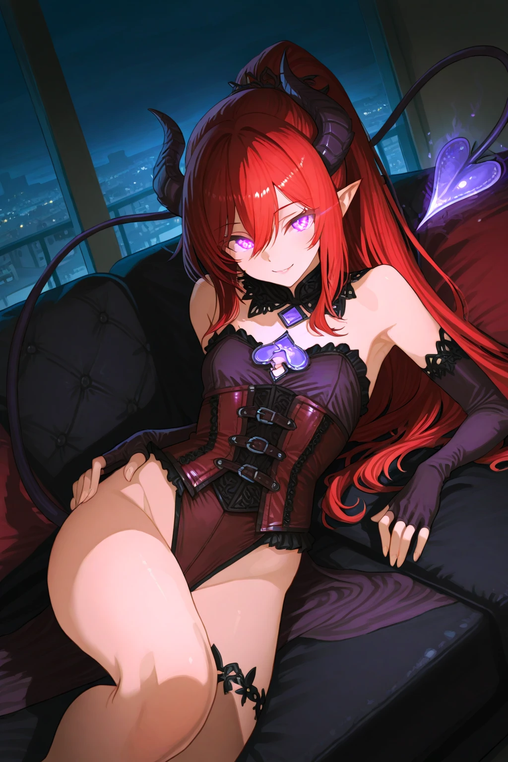 Professional Photography, 8k, (highly detailed), BREAK, succubus girl, (bat ears), ((succubus horns)), (black skin:1.8), red eyes, (expressive eyes), (((red glowing hair))), straight hair, big boobs:1.2, (blush), thick eyeliner, ((red eyebrows)), BREAK, Cable-knit sweater dress, sheer thigh-highs, and shiny stiletto heels, creating a cozy and stylish look for lounging, (sitting, crossed legs), (blank background)