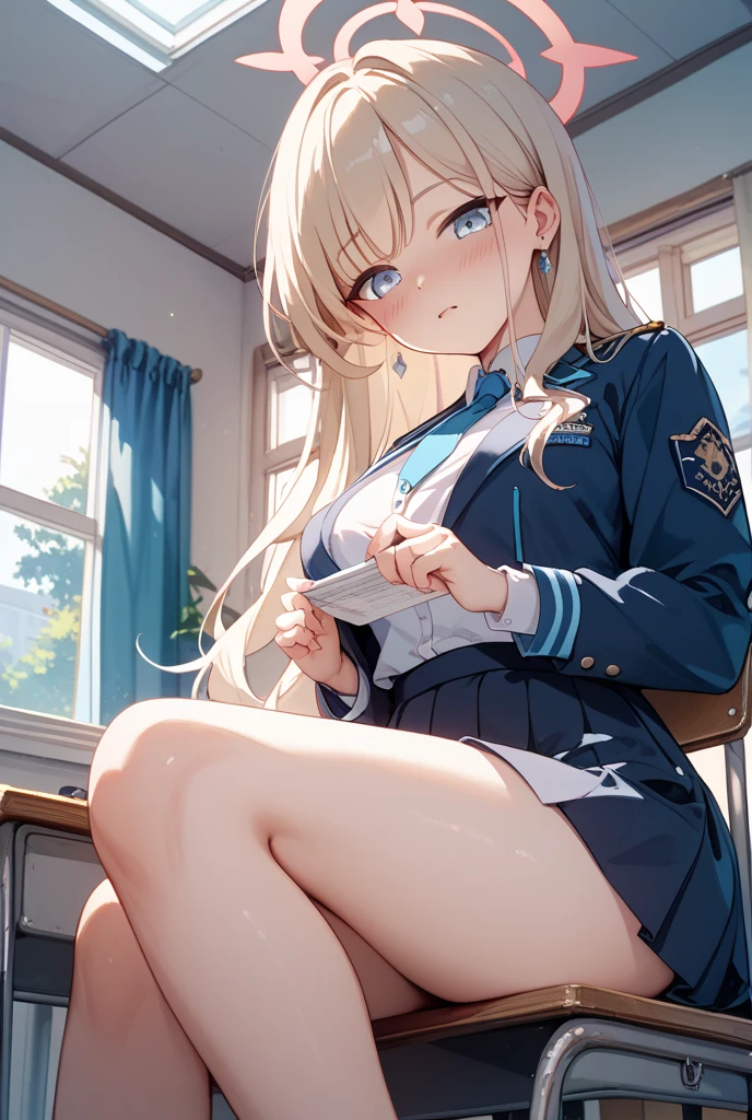 anime artwork, score_9, score_8_up, score_7_up, score_6_up, score_5_up, score_4_up, r,Camie Utsushimi, light brown hair, dark brown eyes,, breasts, , big breasts, at school, (school uniform:1.2), sit on desk, cap, she is 24 years old, striped panties, rating explitic, wet whirt, smile,?????, solo, cameltoe, white stockings, shoes, she runs her finger over her panties, by laserflip
