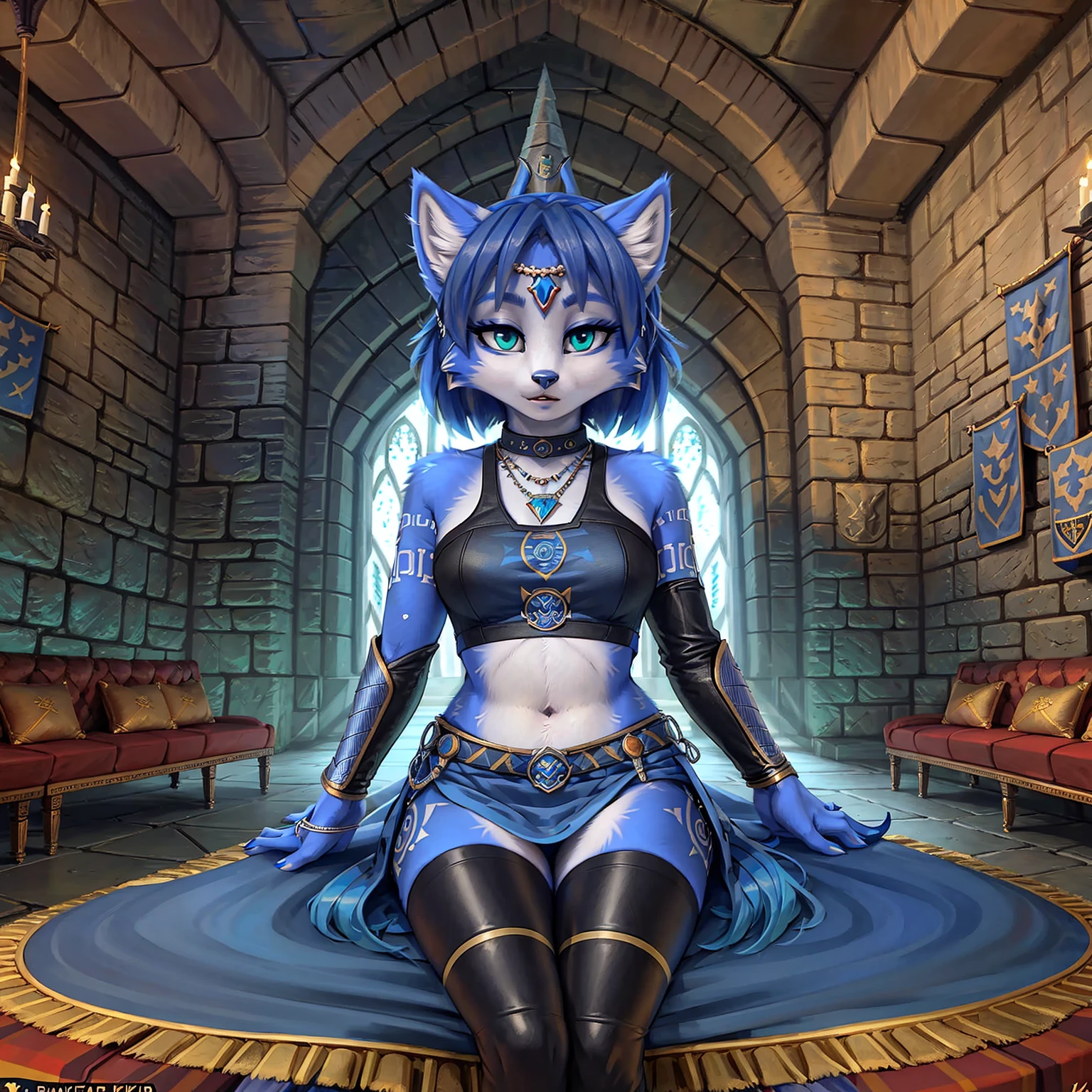 A beautiful and detailed (sweet picture) wa ((krystal)), Star Fox krystal,  green eyes, medium breasts, (((Long blue hair 1.3))),  anthro, furry, (wa Fluff-Kevlar, Bayard Wu, personalize me, Pino Daeni),  detailed fluffy fur, detailed face, (fluffy), 1 girl, alone, hair cover one eye:1.4, wears tribal clothing with leather armor, wears tribal top with leather armor, (((steht in der großen halle wa hogwarts auf einer bühne:1.4))), she wears a fanciful magician&#39;s robe, is in a magic duel against a dark magician