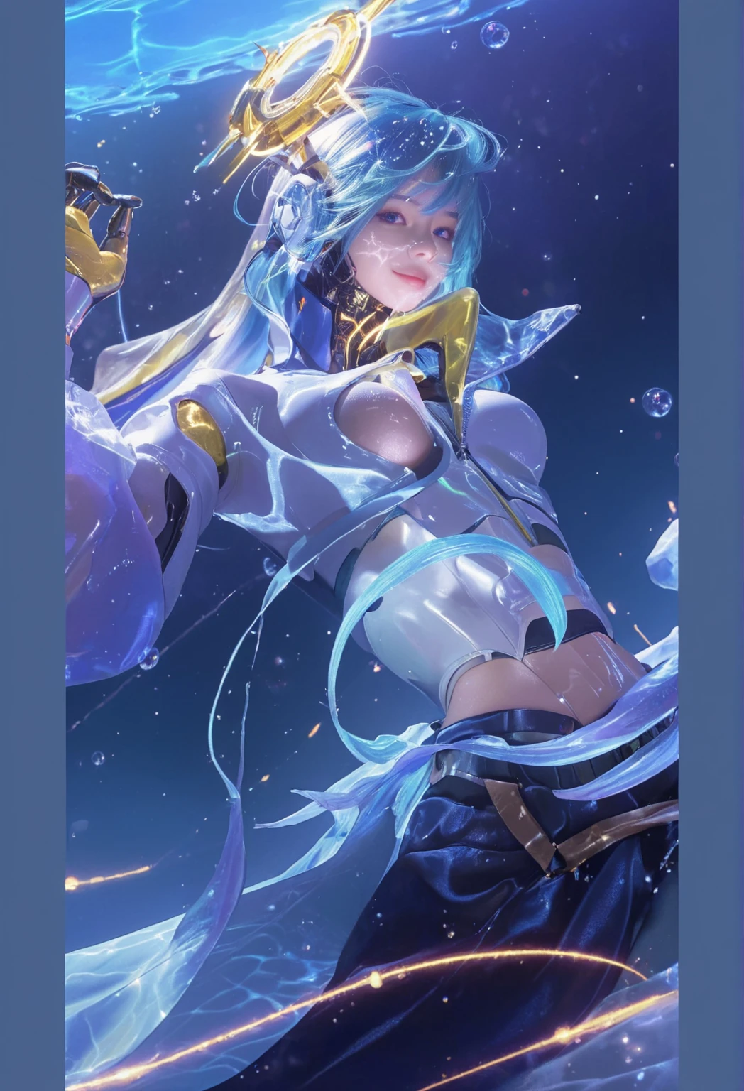 Create an anime of a girl with short, wavy blue hair who has ice powers and wears a blue outfit