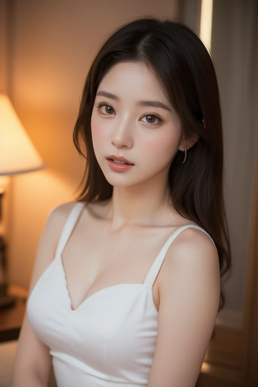 (Highest quality:1.4),(masterpiece:1.4),(Realistic:1.4),(Realistic:1.2),(超High resolution, RAW Photos:1.4),(High resolution, Very detailed:1.2),(8k:1.2),photograph,Brown Hair,length、one person's,alone,(White shirt),Big Breasts,((Upper Body:1.3))、Protruding nipples