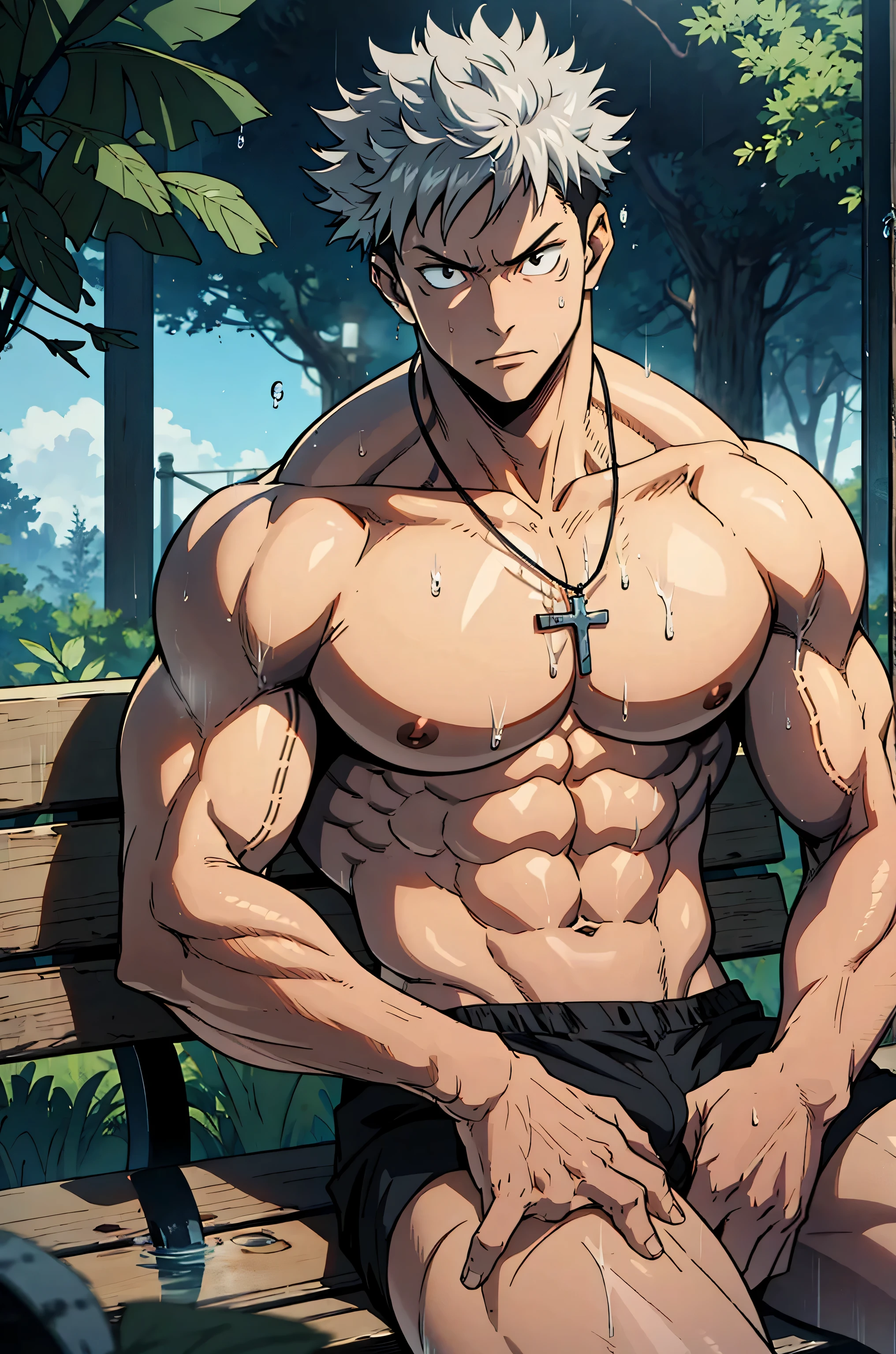 Kairo, jujutsu kaisen anime style, muscular anime male character sitting on a bench, legs spread naturally, upper body exposed, confident and relaxed pose, big bulge, wet skin glistening, black spiky hair, intense gaze, water dripping from his body, black boxer briefs slightly clinging due to wetness, seductive expression, no shirt, bare chest, wearing a silver necklace with a small silver cross, shirtless, showing off his muscular body, detailed abs and thighs, cinematic lighting, steam in background, steamy bathroom setting, high detail, realistic anatomy, anime shading, artstation style, masterpiece