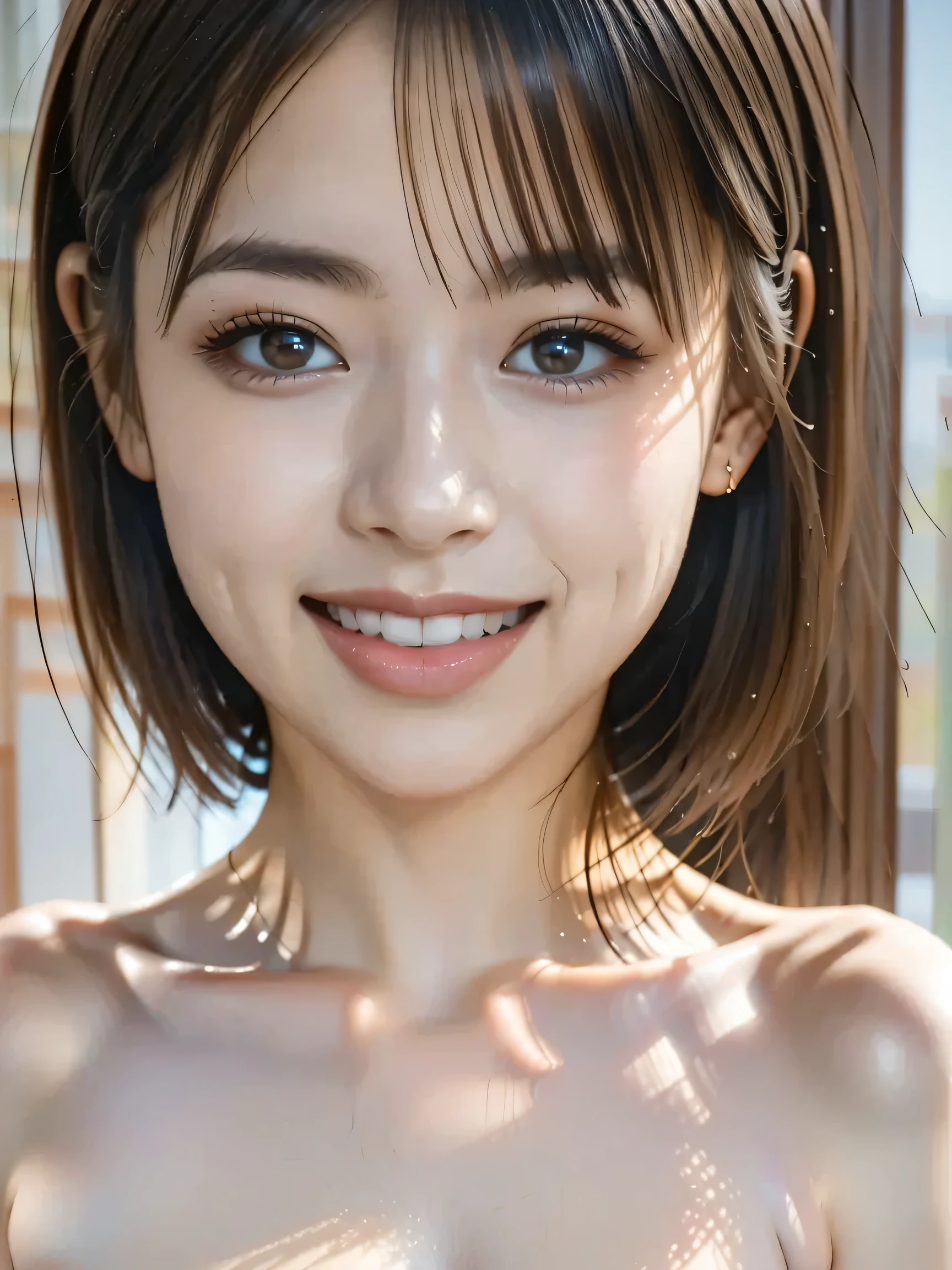 NSFW,highest quality,excellent details,ultra high resolution,1 girl, bob hair, smile,teeth,looking at camera,17 years old, actress,Gravure photography