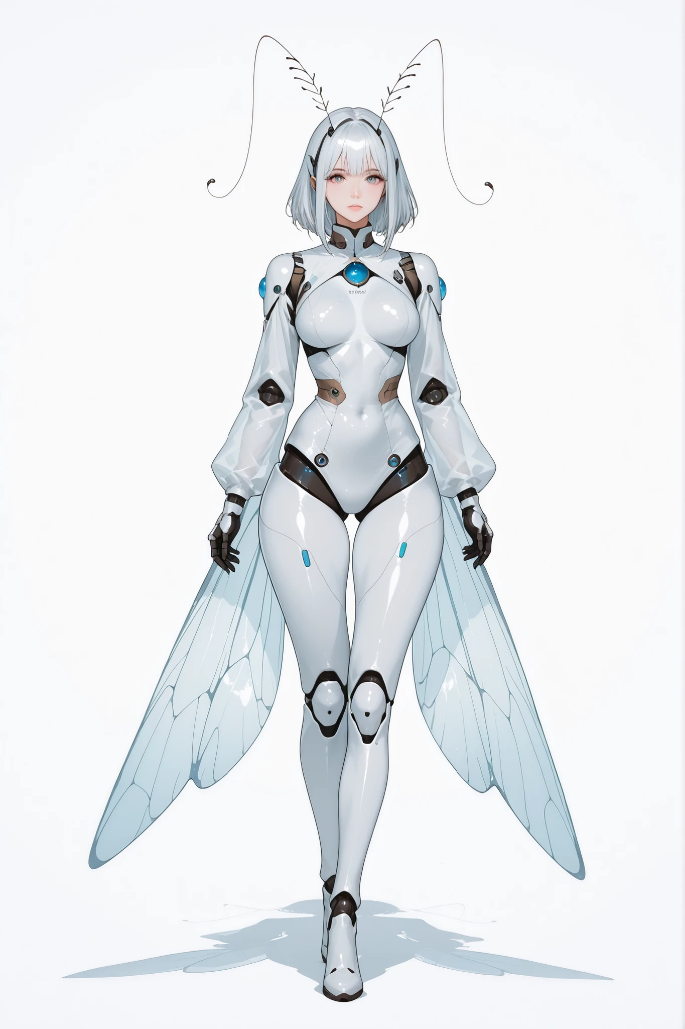 A high-quality cinematic style illustration of a girl with a sculptural body, Thick and firm legs, wide hips in relation to her thin waist. Her body is all white with subtle details in the and marks that resemble exoskeleton connections From insects, while maintaining an elegant human appearance. em vez de cabelo, she has delicate and stylized antennas, creating a pleasant appearance. Small magical spheres shine on parts of her body, adding an enchanted touch. She commands tiny magic spheres heroic creatures in the form of slime joints, in the style of cute insects, that floats around her. The background is an ethereal environment with soft mist and shades of purple and blue, highlighting her mystical and powerful presence.