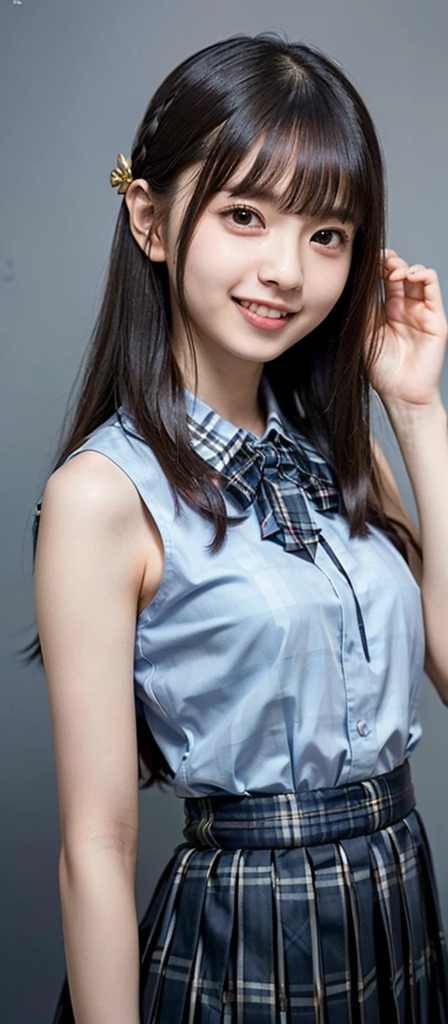 ​highest quality、8k、best image quality、Award-winning work), two beautiful women、1 lady, radiant beautiful skin , masterpiece、top-quality、The ultra -The high-definition、depth of fields、lens flare ,、brown hair, large , watching at viewers glares, large  ,perfect legs, model pose, view from below, smiling , , sitting
(School uniform,  ,  Pleated tartan skirt:1.3)