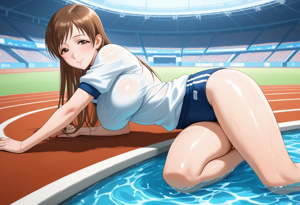 masterpiece, Highest quality, Very detailed, ,The finer details, Anime Style, One Girl, 22 years old, Cute Face、bangs, Large Breasts、Tight waist、((white swimming race suit))、sleeveless, High leg、Beautiful Eyes、dark brown hair, light brown eyes、Expressionless、sexy pose、jack o pose, top-down bottom-up, spread legs, Wet body, Olympic venue pool arena、Large crowd、By the pool、Shallow depth of field