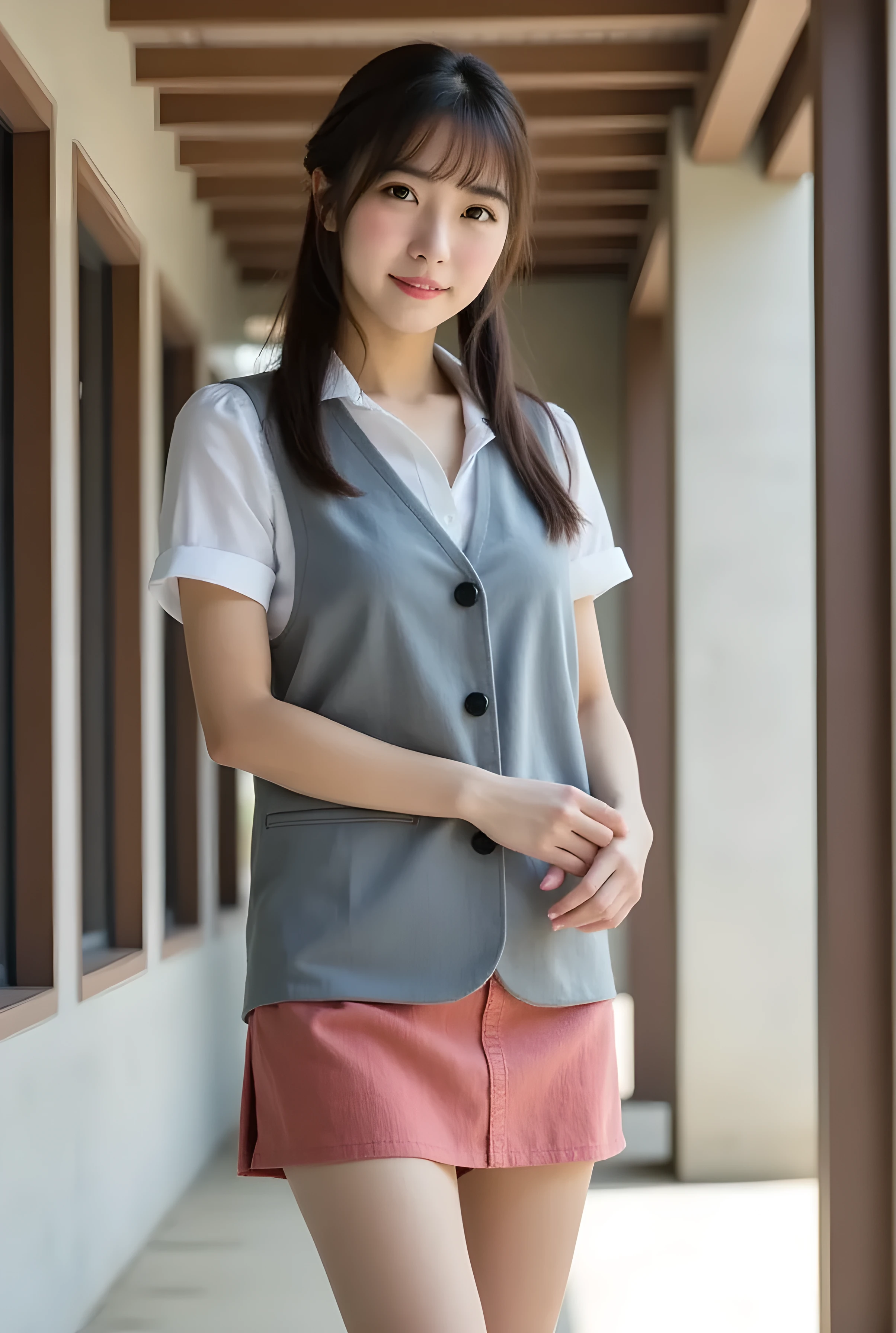       super realistic ,       photorealistic   ,    (Full body image:1.5),  She looks so happy      , shadow,           global illumination          , Alone, (Japanese woman in her 20s :1.5),      so beautiful、     Cute Smiles ,    Slim,    brown hair ，　beautiful legs ， Long, slender legs ,       Surimi West   ， She's wearing a receptionist   ，wearing a bus guide  ，   turn your body forward、  white hair，full body photo  ，Please take a picture up to the tip of your foot  ，wear fishnet stockings on her legs  ，When the light hits stockings, they reflects beautifully.，　wearing beige high heels      ，